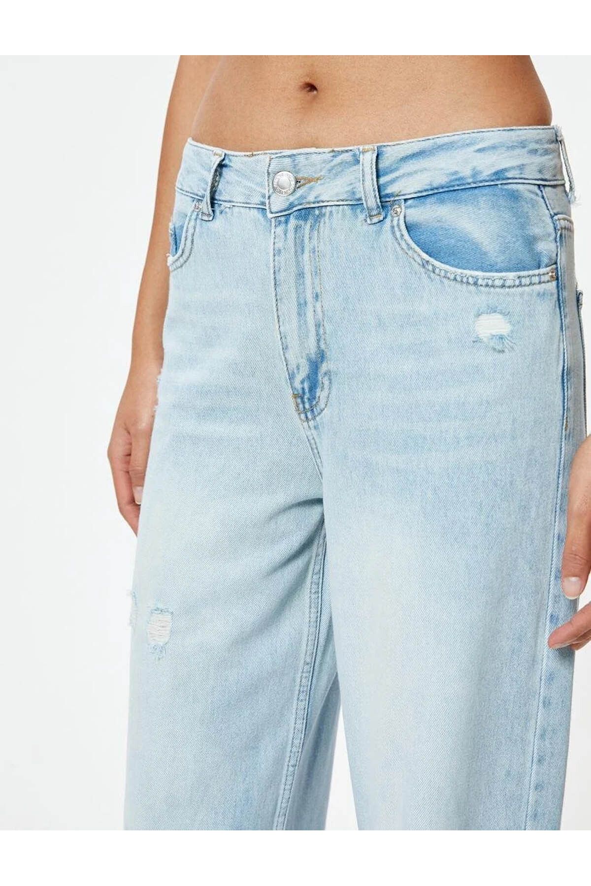 Koton-Bianca Wide Leg Jeans - Weites Bein, zerrissene Jeans, Standardbund, geknöpft 5