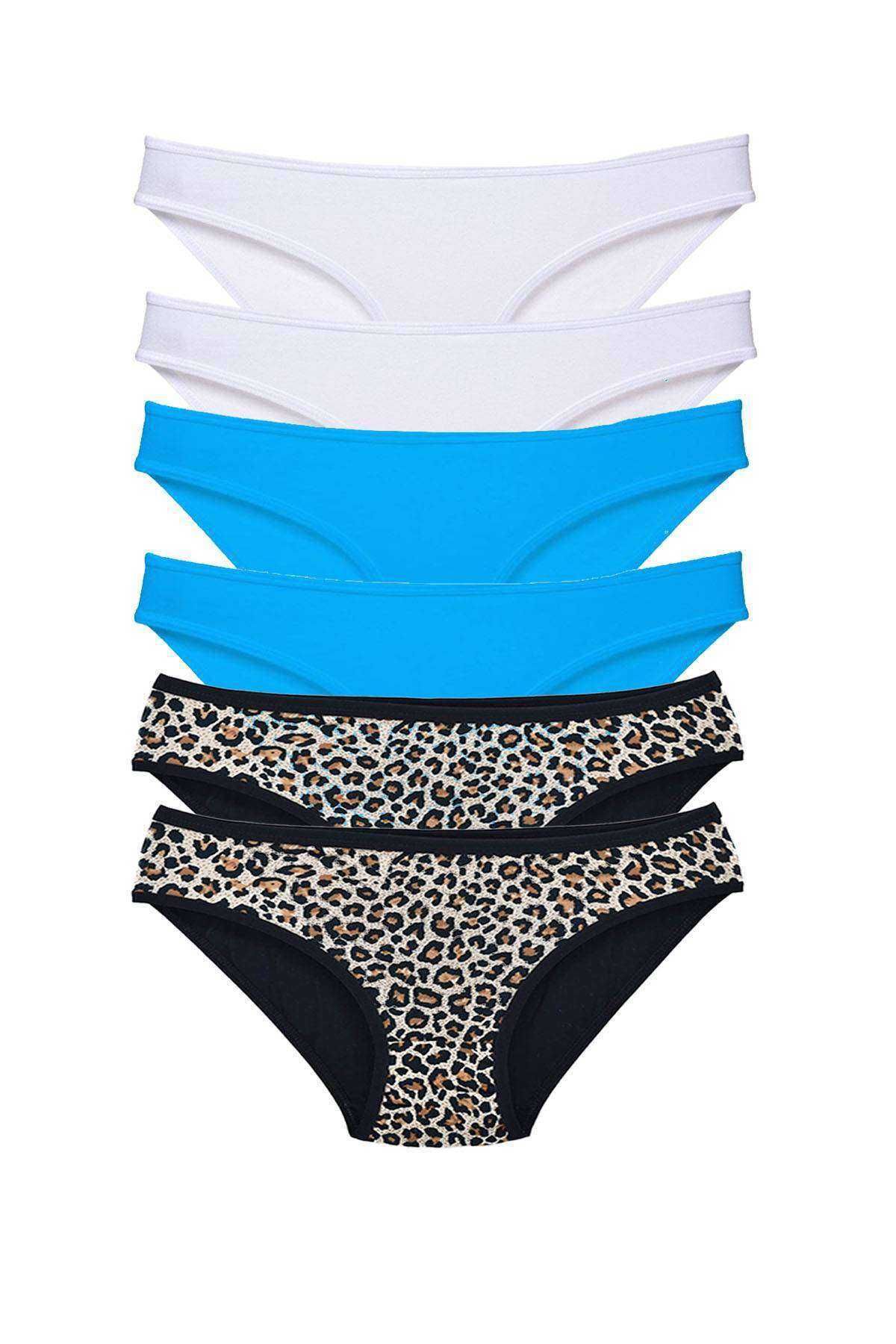 Pink Stil 6 Adet Likralı Kadın Slip Külot Leopar Beyaz Mavi Pink Stil
