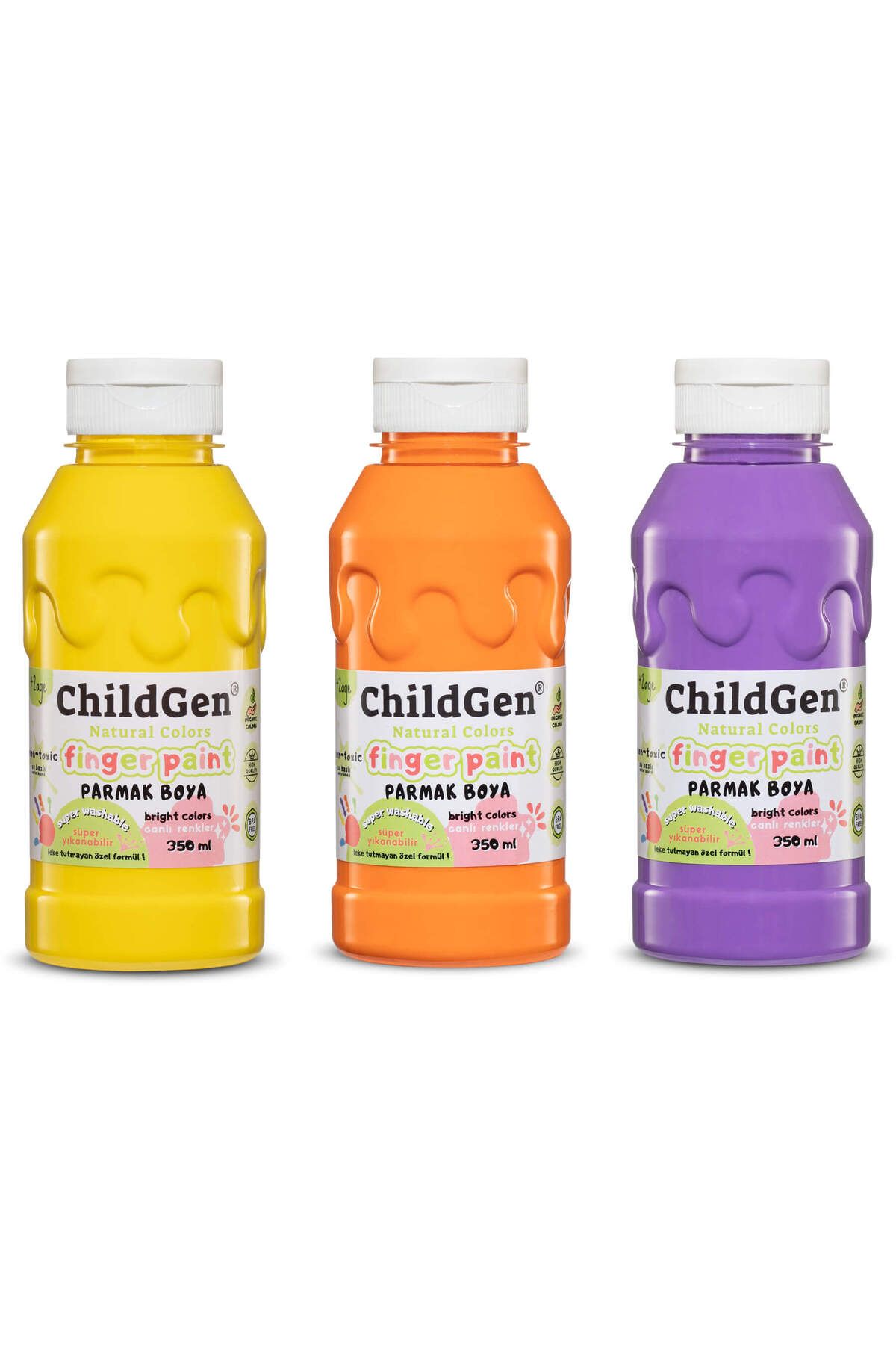 ChildGen Süper Yıkanabilir 3'lü Parmak Boya Seti (3X350ML) (TURUNCU-SARI-MOR)