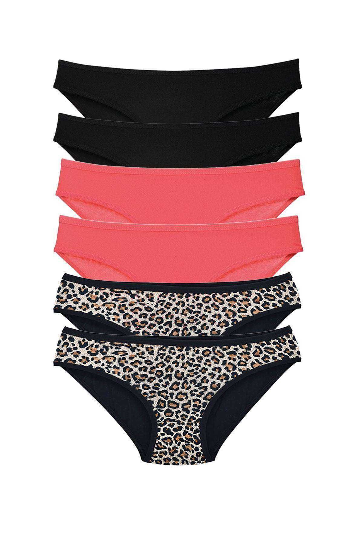 Pink Stil 6 Adet Likralı Kadın Slip Külot Leopar Siyah Fuşya Pink Stil