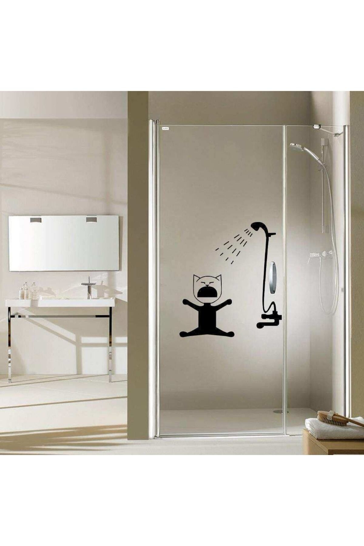 MLH STORE Duştan Korkan Kedicik Silüetli Dekoratif Banyo Duşakabin Sticker, Çıkartma, Etiket