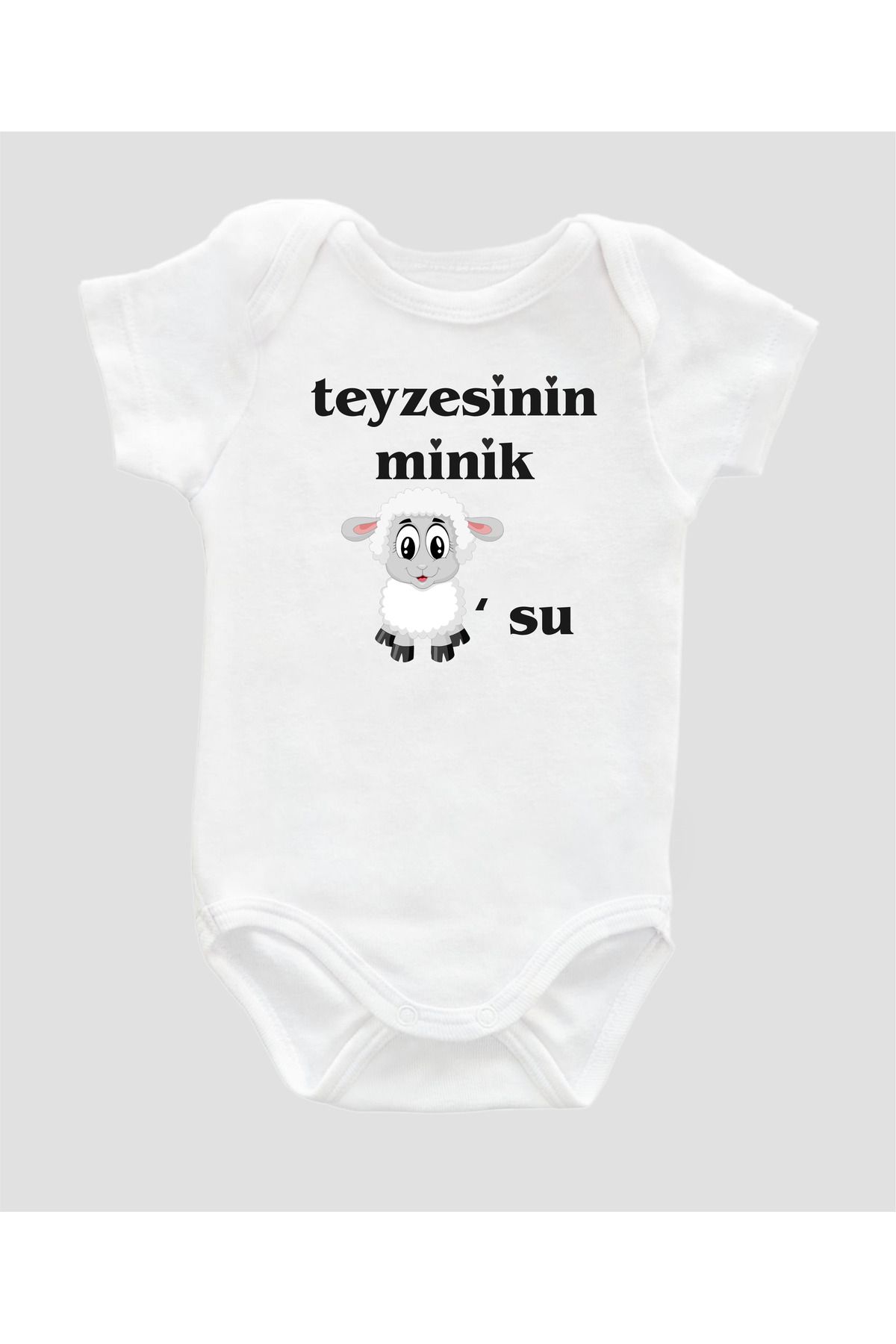 Outdoor One Özel Tasarım Teyzesinin Minik Kuzusu Yazılı Kuzu Baskılı Bebek Body Beyaz Badi Zıbın ZBN005