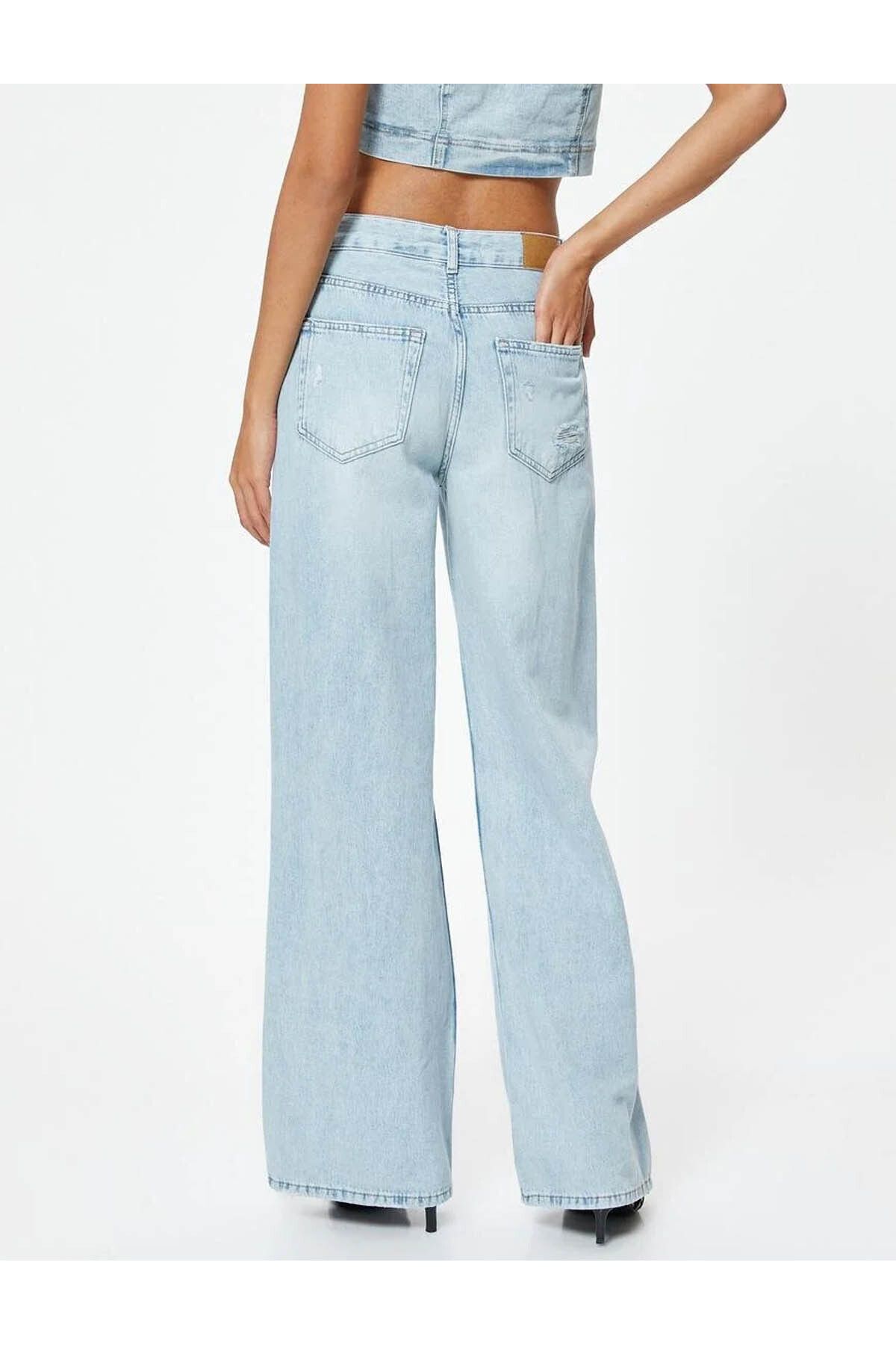 Koton-Bianca Wide Leg Jeans - Weites Bein, zerrissene Jeans, Standardbund, geknöpft 4