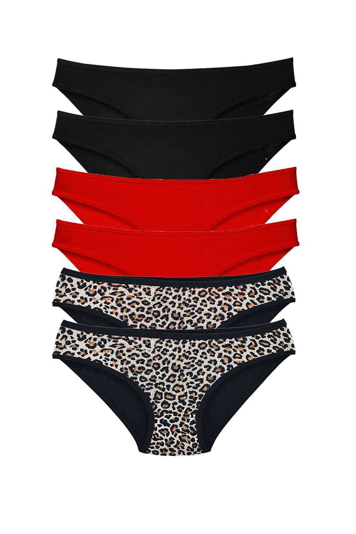 Pink Stil 6 Adet Özel Set Likralı Yumuşak Dokulu Kadın Slip Külot Leopar Siyah Kırmızı Pink Stil