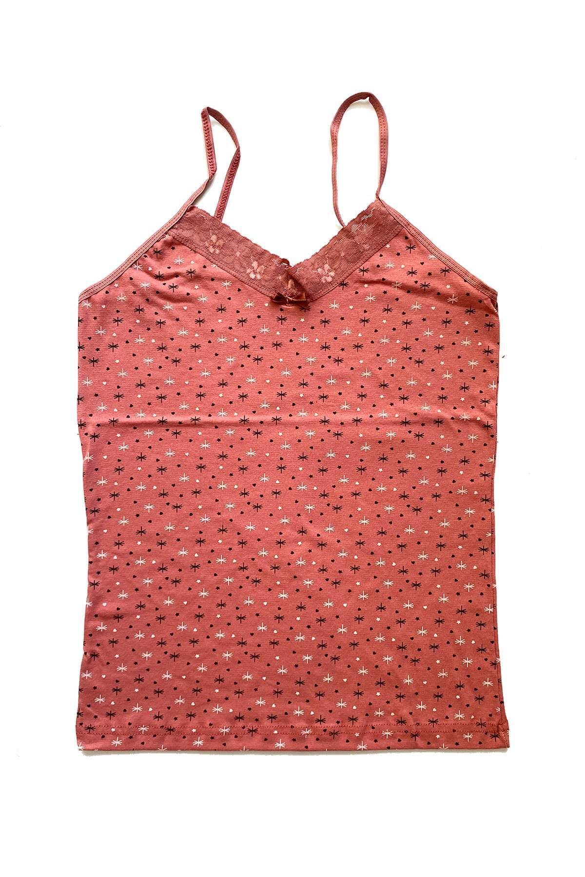 Pink Stil Kadın Askılı Desenli Atlet Dantelli Empirme Pamuklu Penye D4 Pink Stil