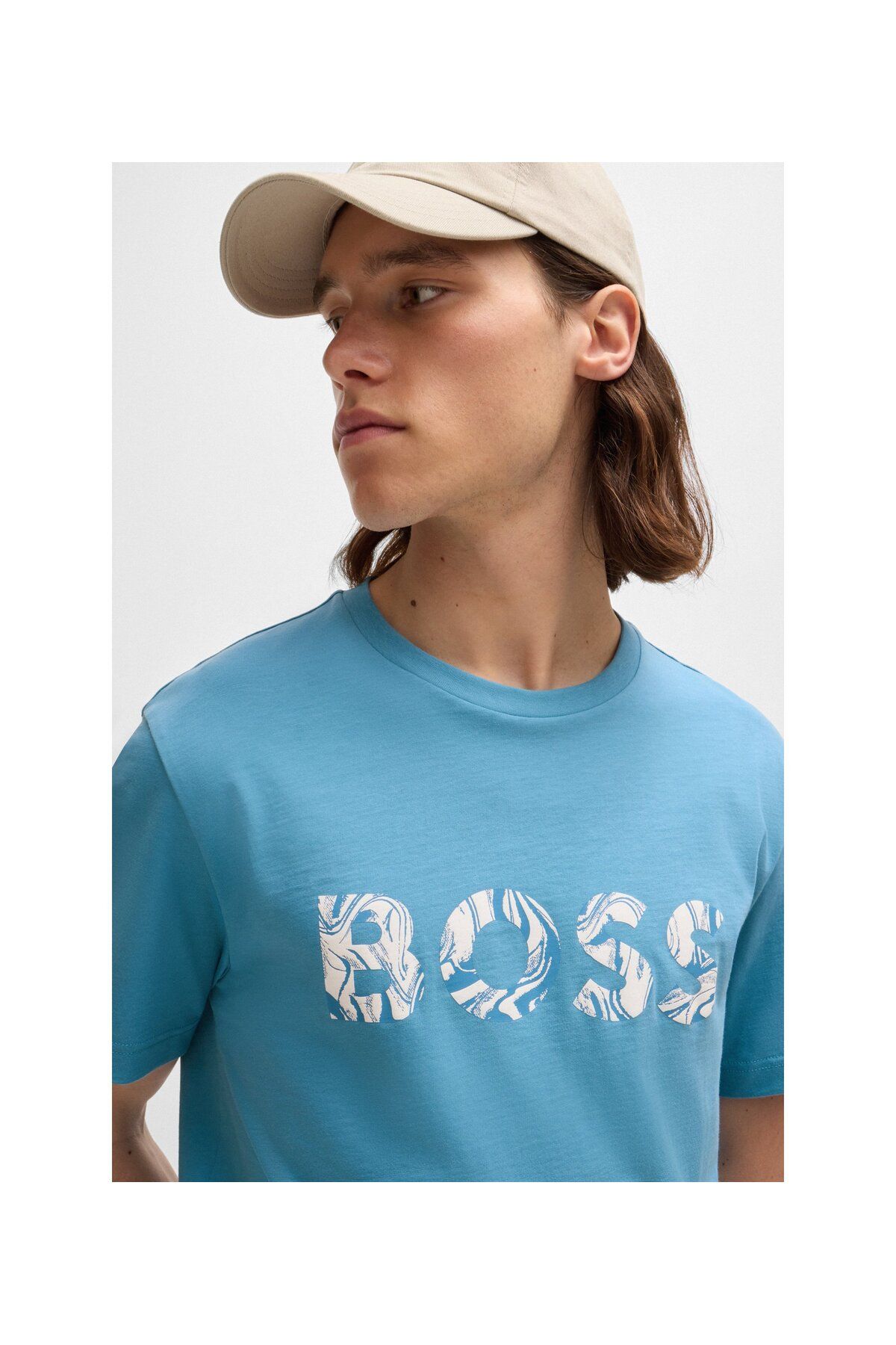 تی شرت آبی مردانه پنبه طرح دار آرم T Shirt BOSS