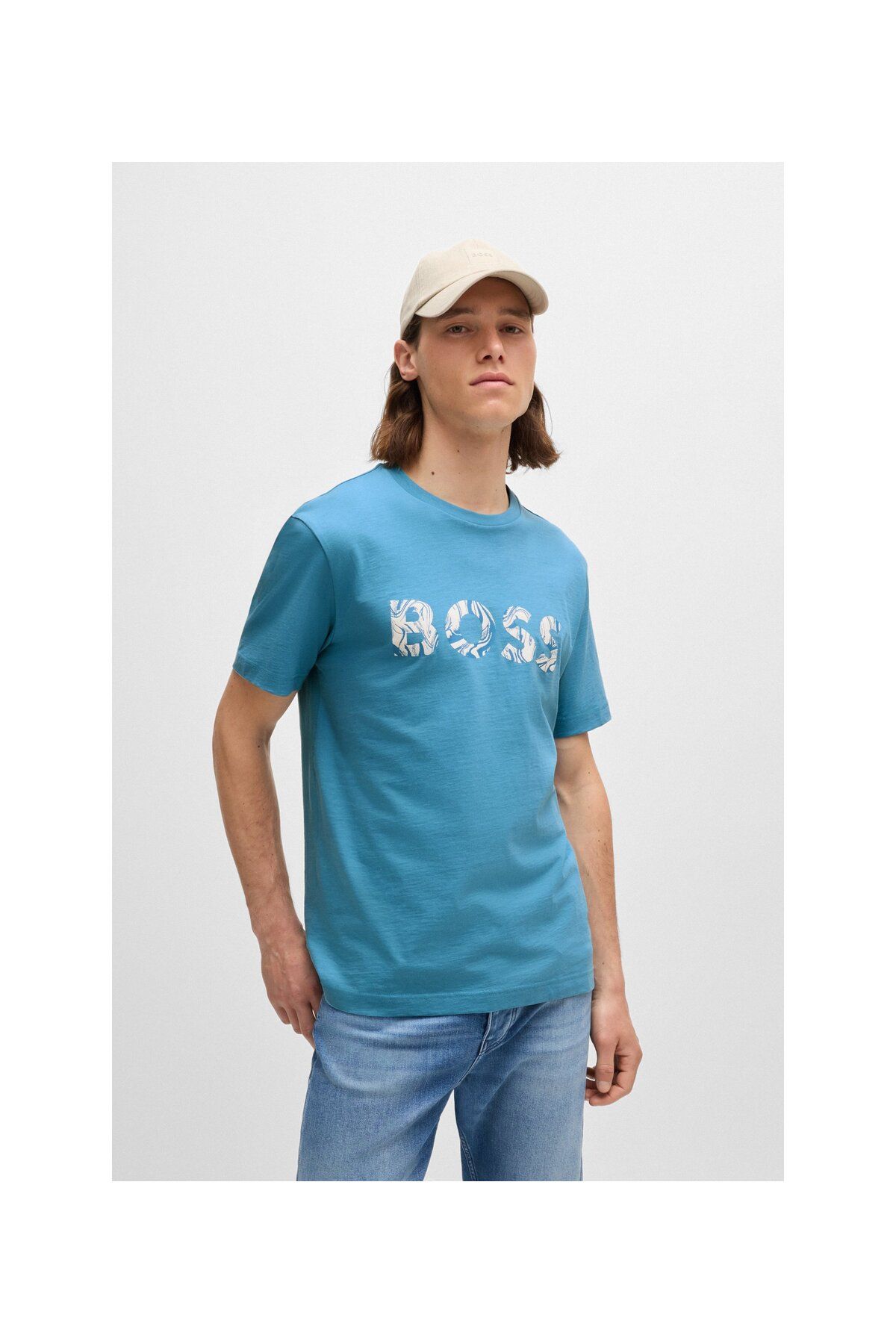 تی شرت آبی مردانه پنبه طرح دار آرم T Shirt BOSS