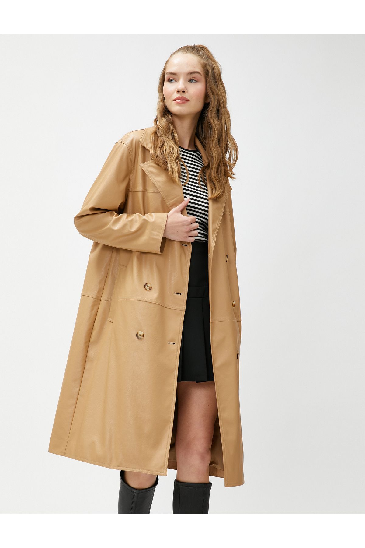 Koton-Leather Look Trench Coat Midi Length Buttoned Double Breasted Closure 1