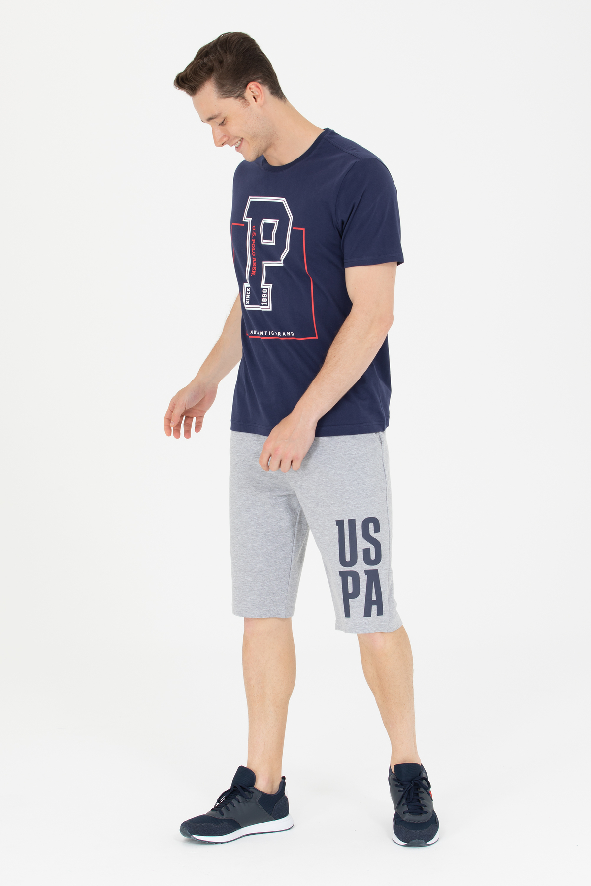 یو اس پولو شلوارک بافتنی مردانه خاکستری ملانژ 50265071-VR086