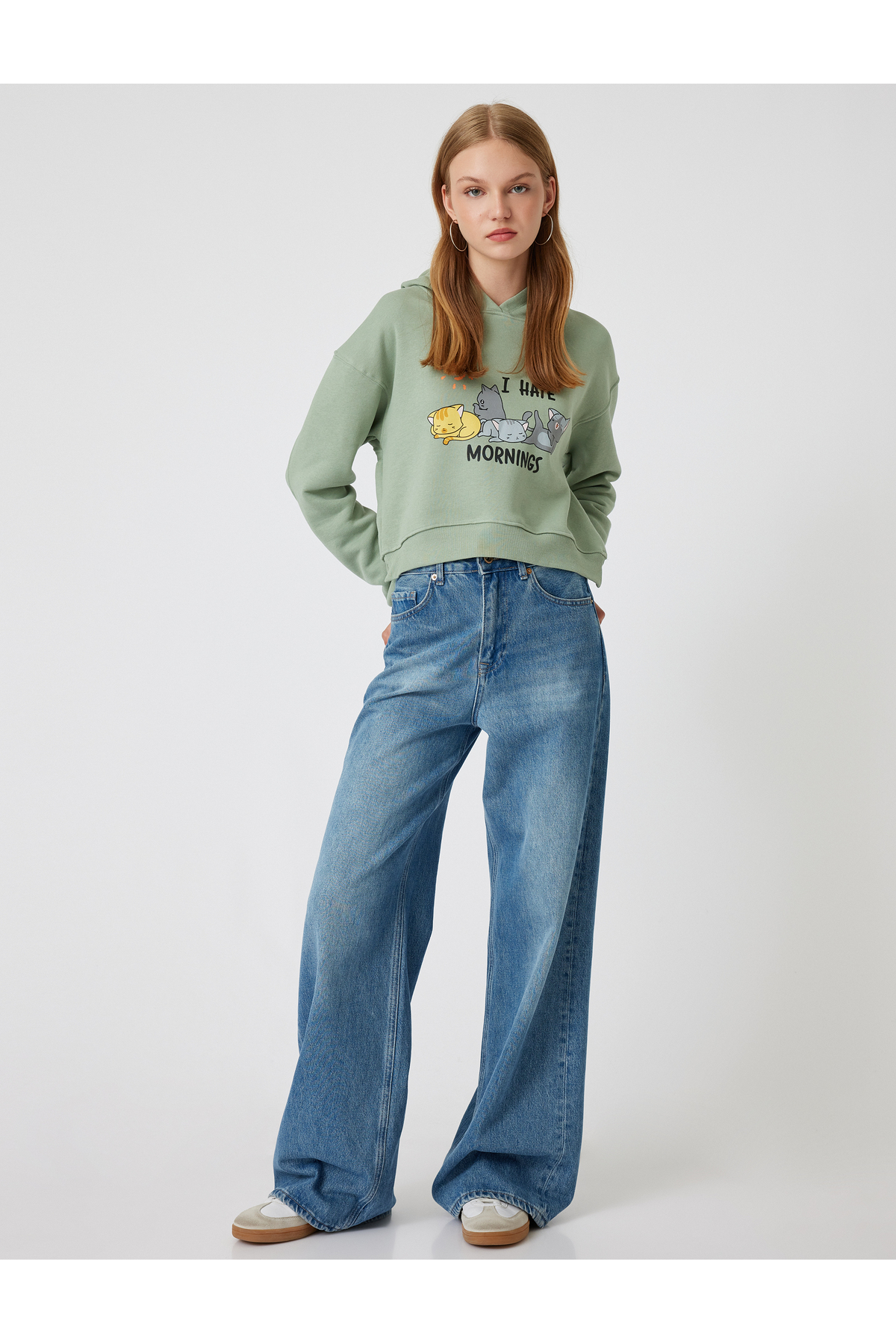 Koton KT - Oversize Crop Sweatshirt Kapüşonlu Kedi Baskılı