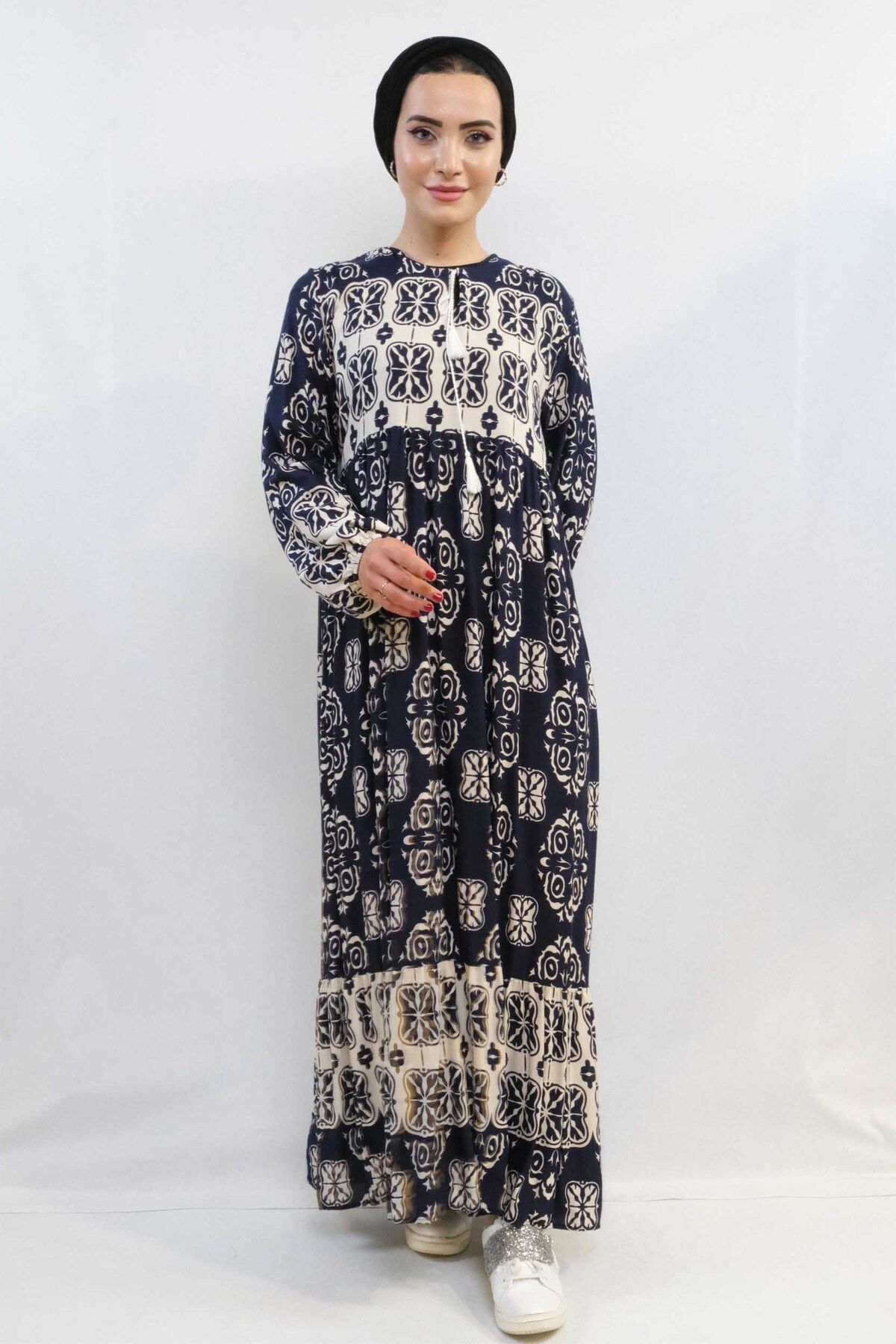COXO Fashion`S Moda Çizgi Daisy Pattern Dress Navy Blue