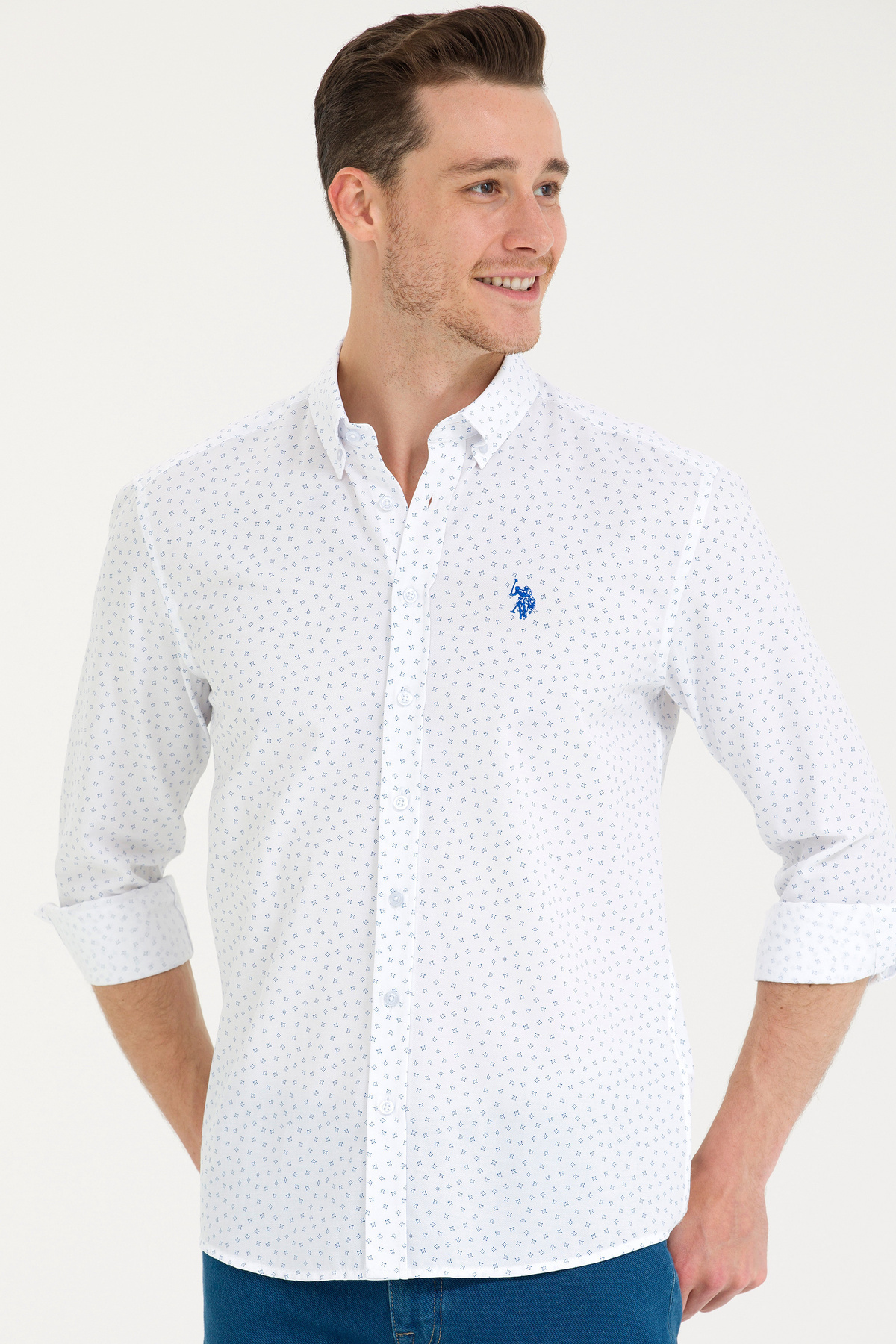 یو اس پولو پیراهن مردانه سفید با طرح سرمه‌ای ۵۰۲۶۵۶۲۰-VR045