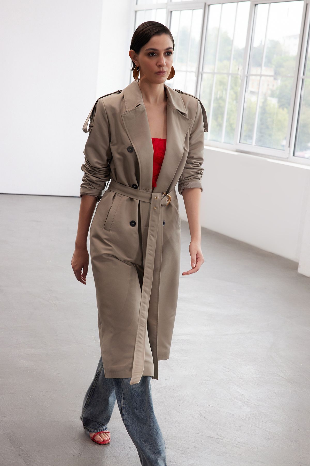 Trendyol Collection-Beige Long Trench Coat - Belted, Limited Edition Twoaw25Tr00008 3