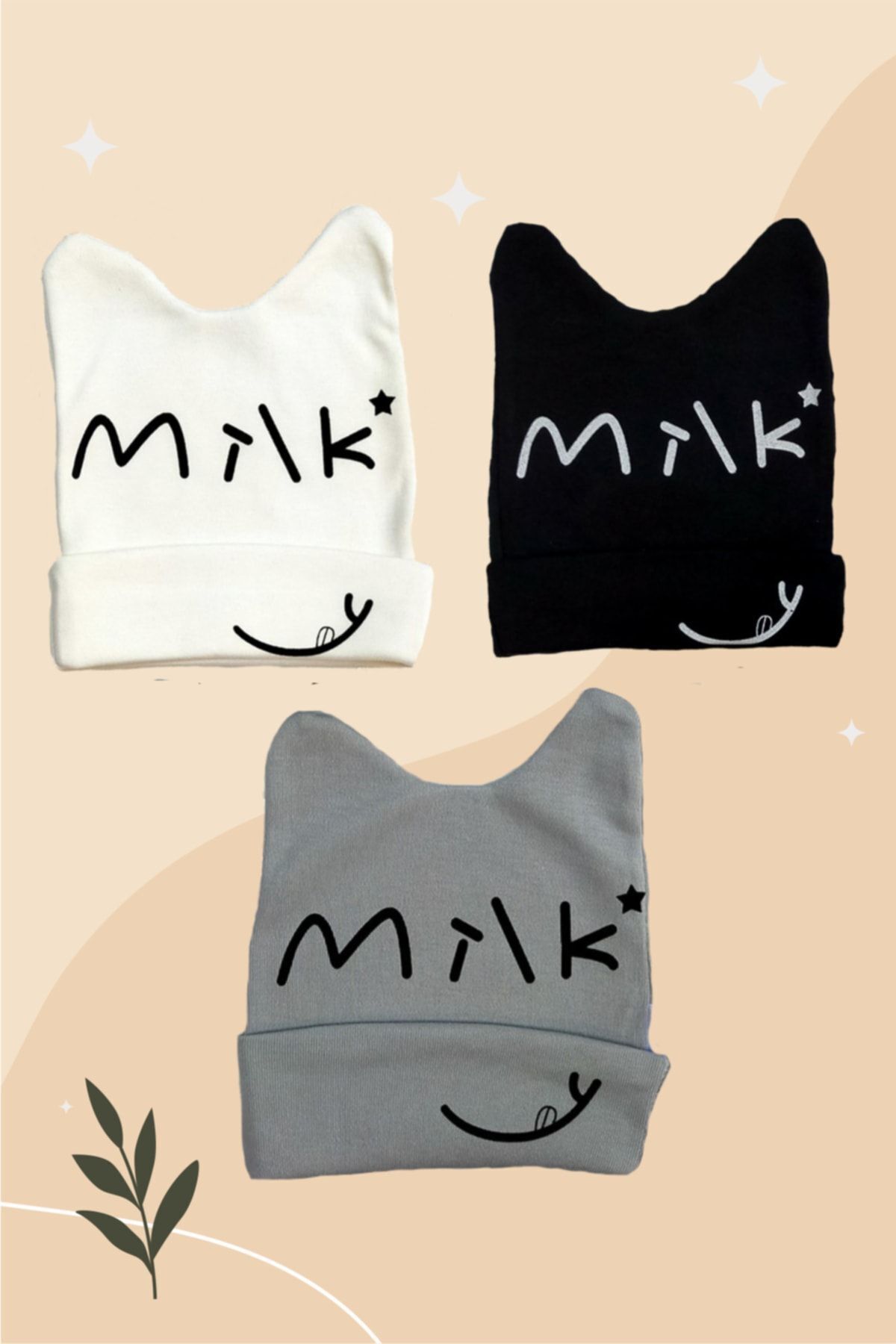 3-Piece Cotton Combed Cotton Beanie Set with Milk Letter