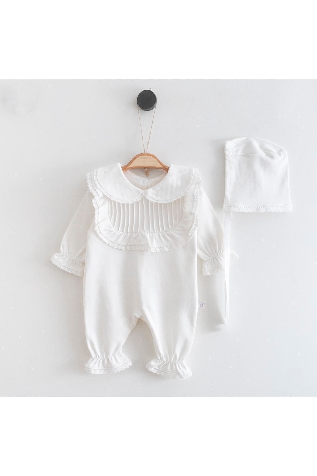 Minimus Yenidoğan Kız Bebek Hastane Çıkışı Nervürlü Dantel Detaylı Tulum Takım Pamuklu Bebek Mevlüt Takımı fotoğrafı 3 (önizleme)