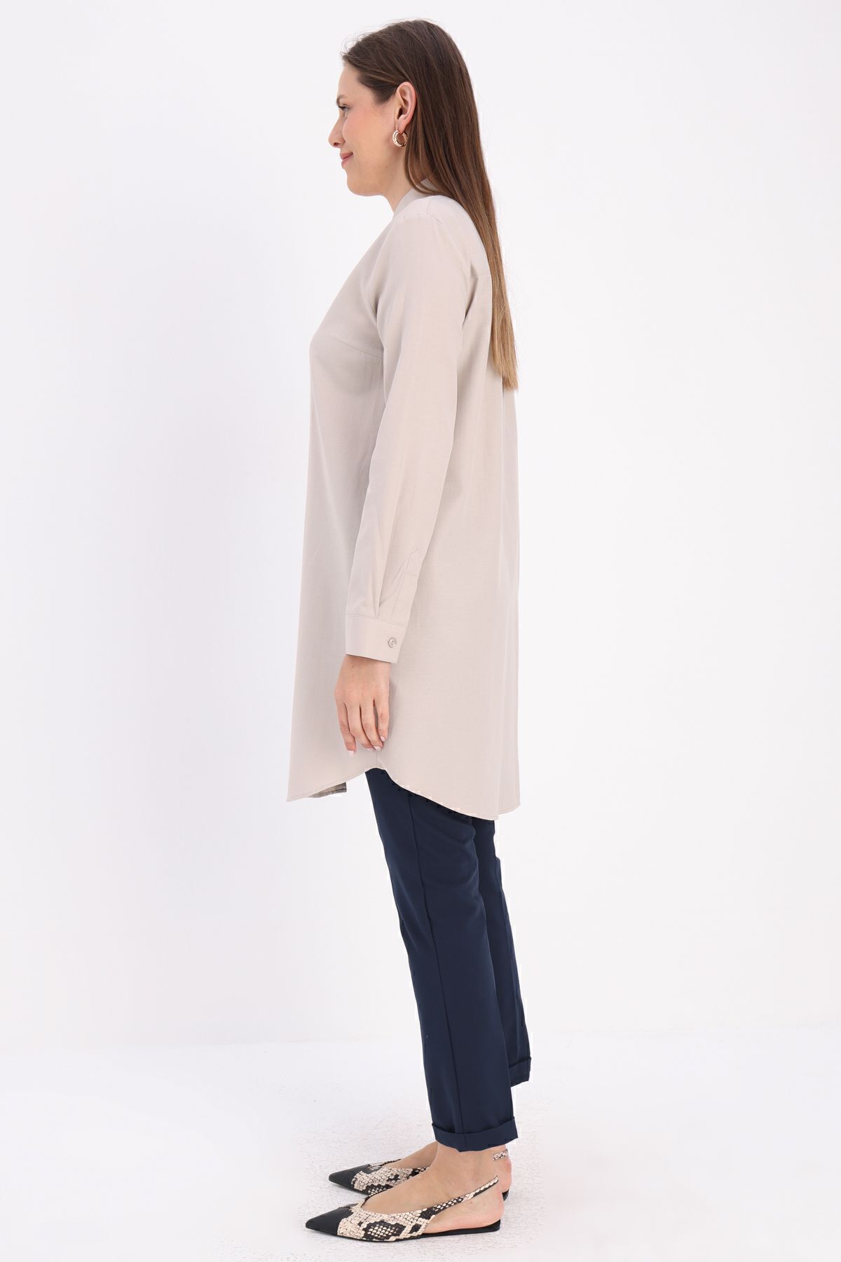 ALLDAY-Μπεζ Basic Hidden Placket πουκάμισο Tunic 3