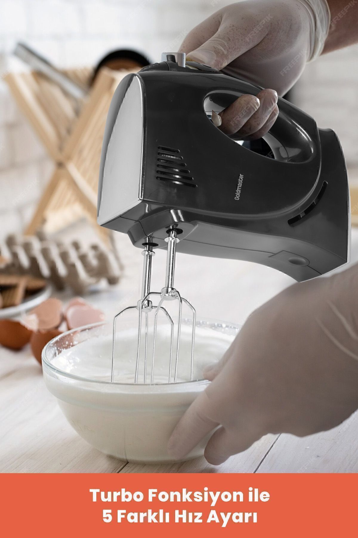 GOLDMASTER-Handmix Stainless Steel Turbo Function 5 Speed Adjustable Hand Mixer with Whisk and Kneading Attachment 2