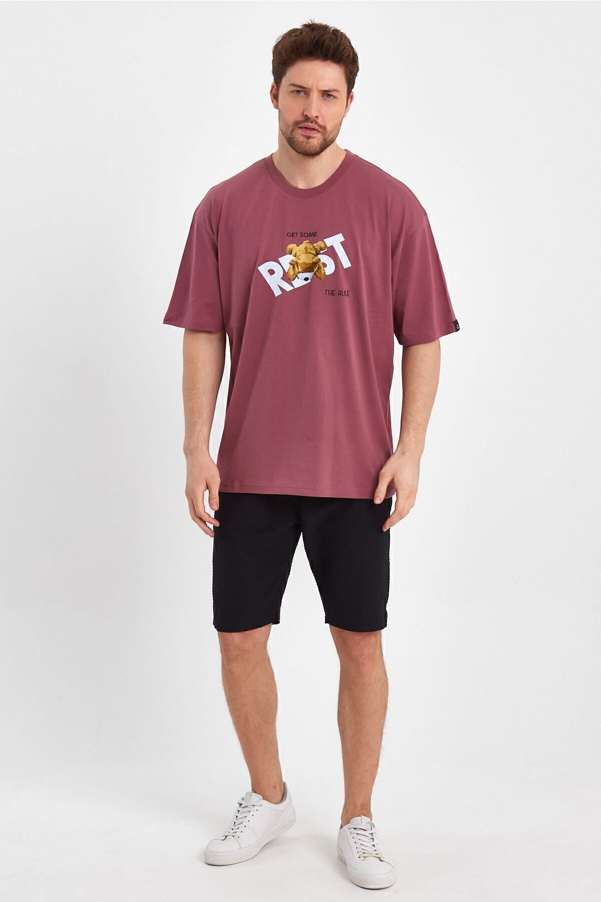 THE RULE-Ανδρικό Teddy Bear με στάμπα Oversize 100% βαμβακερό φαρδύ φαρδύ μπλουζάκι με λαιμόκοψη χαλαρό Dusty Rose T-shirt 3