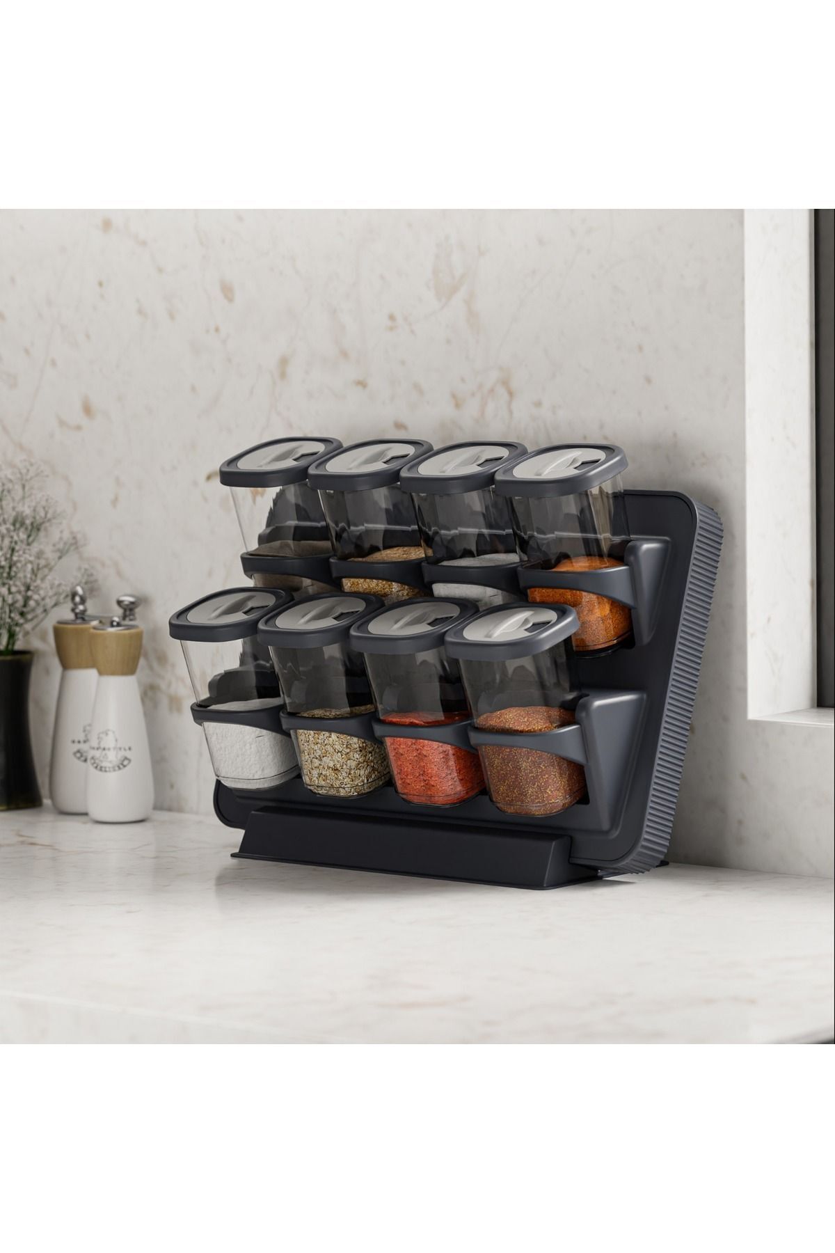 FERAH PLASTİK-8-Piece Spice Rack Set - Rotating Lid, Stand, Wall Mounted, Rotating Lid 3