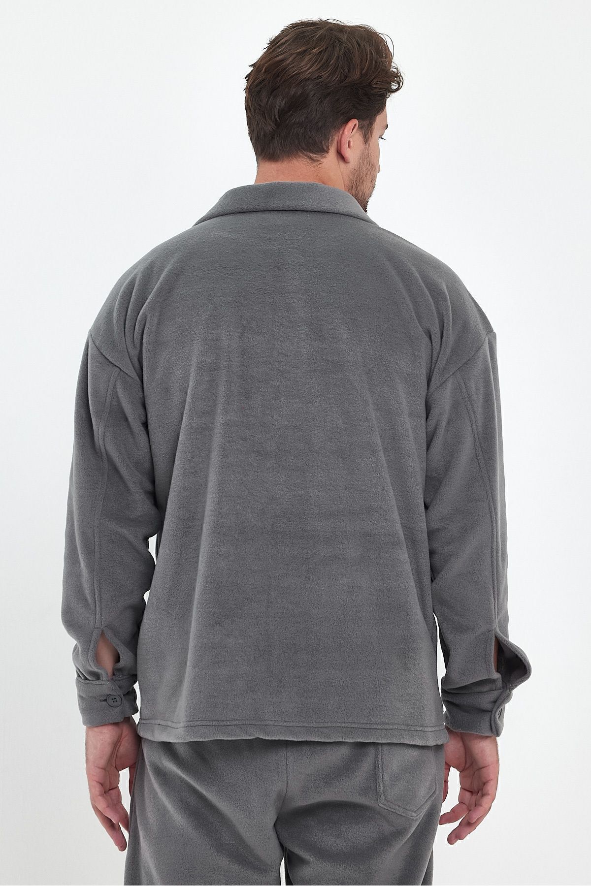THE RULE  Erkek Oversize Tüylenme Yapmayan Soğuk Geçirmez Bol Kesim Gömlek Yaka Ice Gri Polar Hırka Rf0312 - Görsel 6