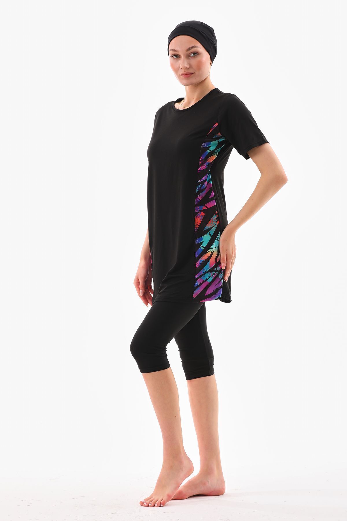 medipek-Halbgeschlossener Hijab-Badeanzug aus Lycra in Schwarz mit Muster 3