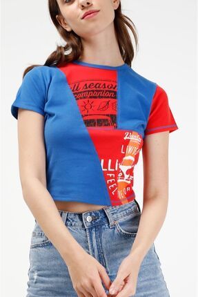BRZ COLLECTION Kontrast Renkli Baskılı Kısa Kollu Crop Kadın T-shirt