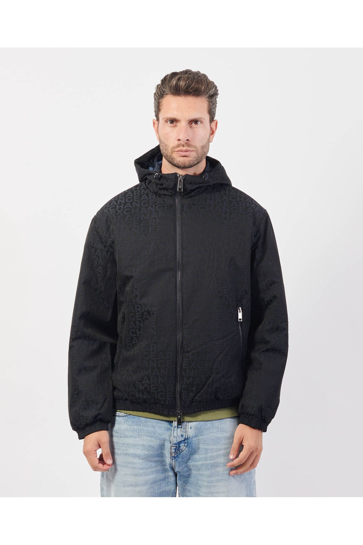 آرمانی اکسچنج کاپشن مردانه آبی یقه کلاه‌دار پددار با جزئیات برند و زیپ 6DZB26 ZN5NZ-55JW