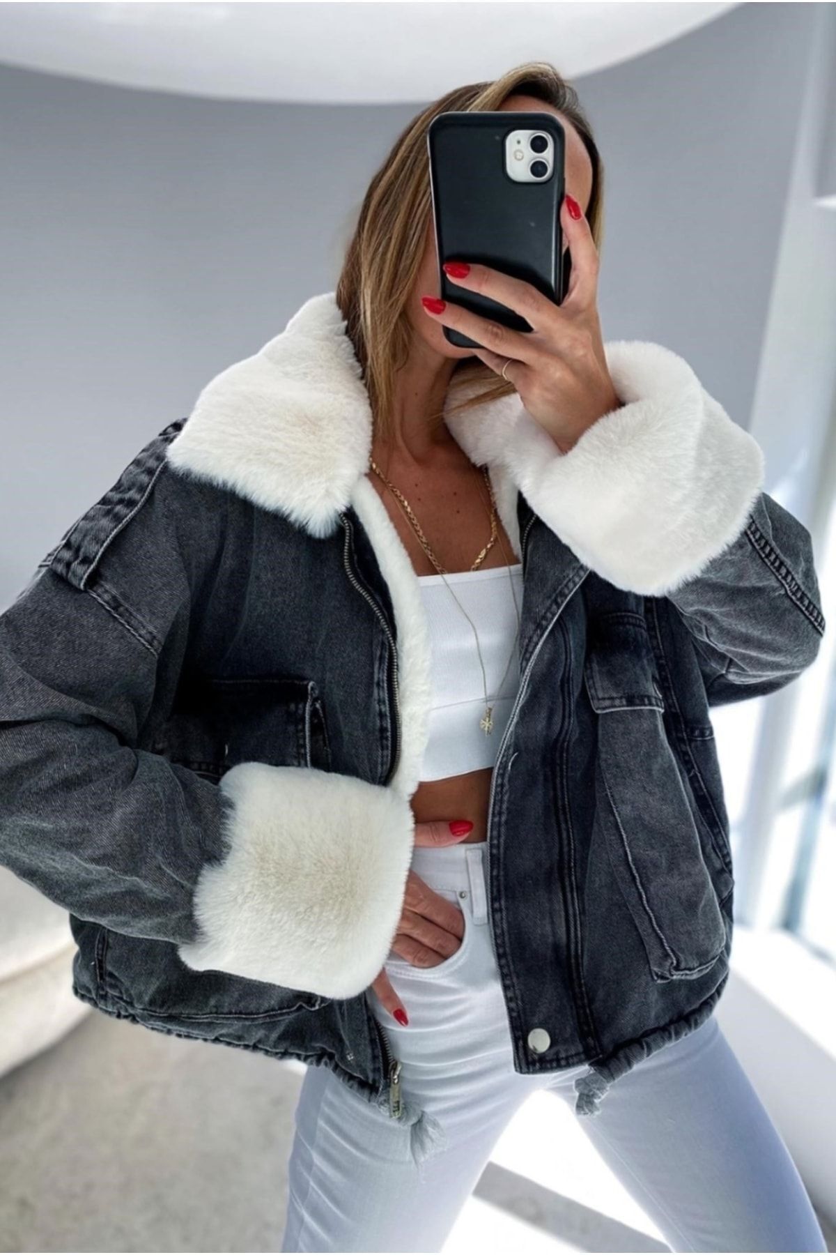 SAGİ JEANS-Női fehér szőrös farmer fekete farmerkabát 8