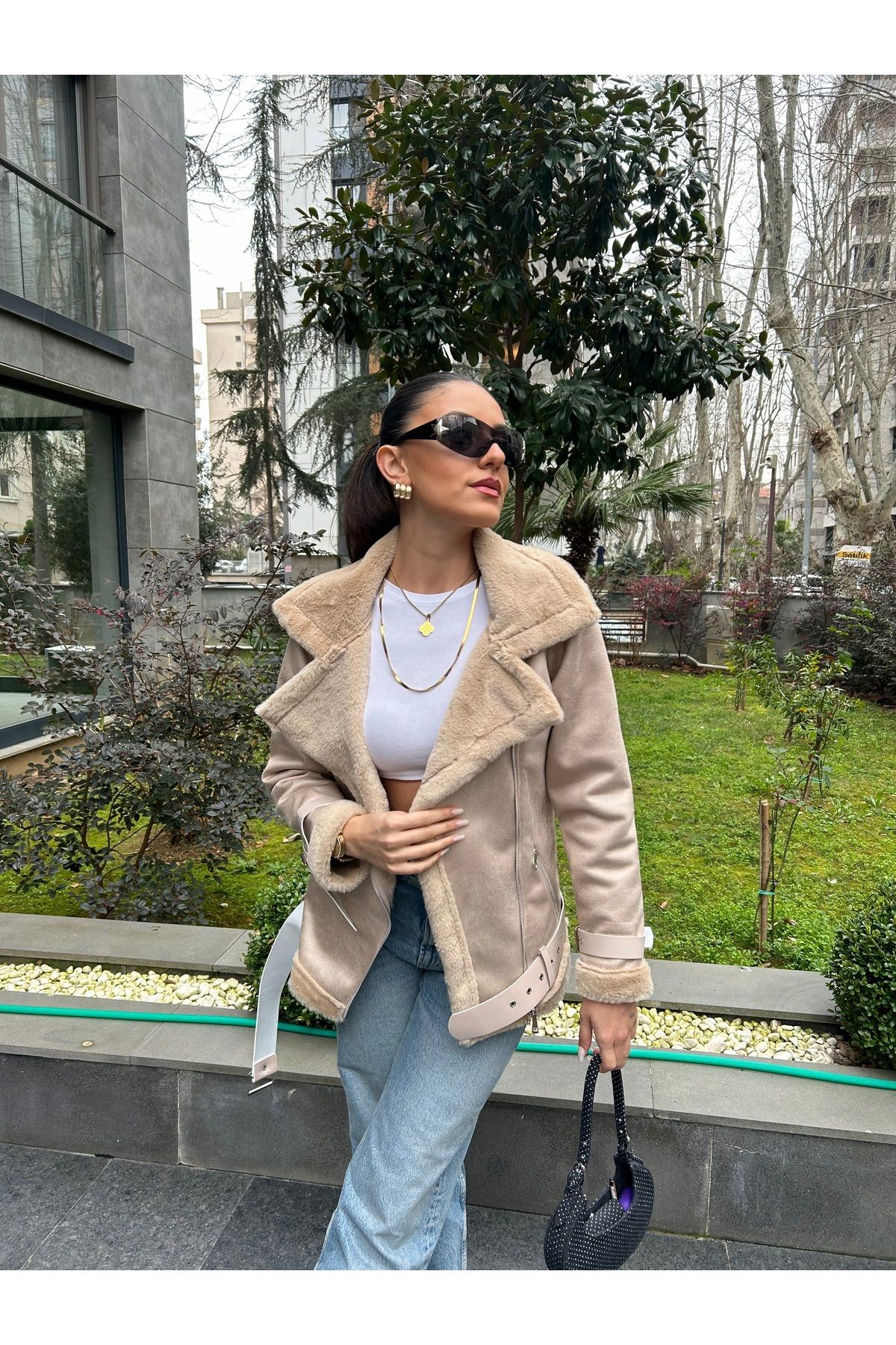 Women's Leather Suede Coat Jacket with Belted Belt Detail