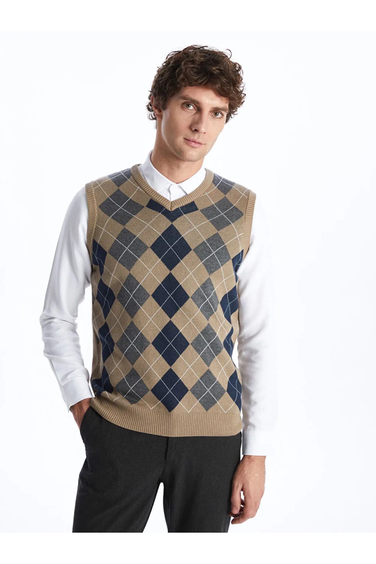 ال سی وایکیکی ژاکت بافتنی مردانه یقه هفت طرح استاندارد قهوه‌ای روشن کلاسیک LCWAIKIKI