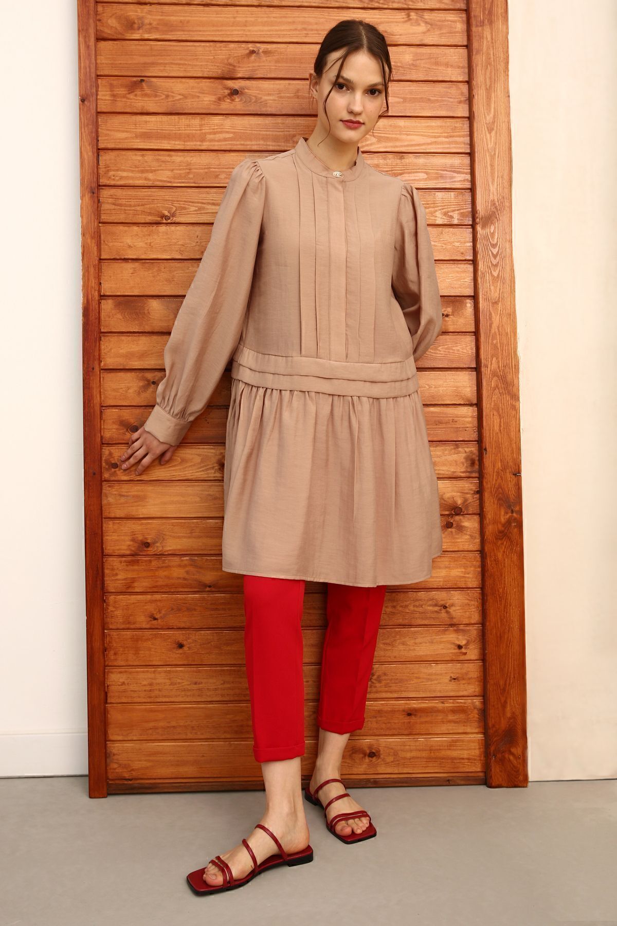 ALLDAY-Dark Beige Pleat Detailed Shirt Tunic 5