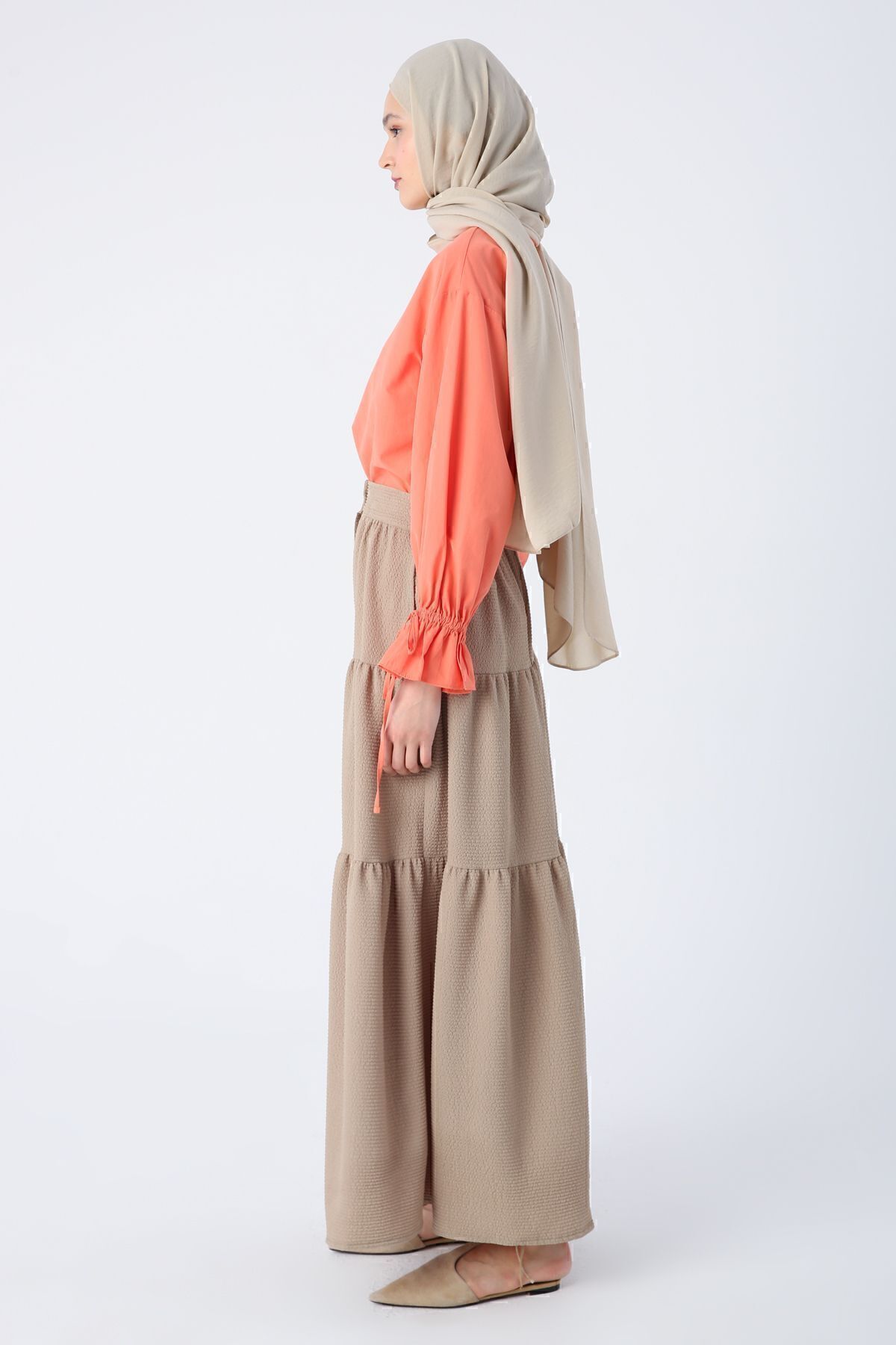 ALLDAY-Camel Buttoned, Elastic Waist, Ruffled Wrap Skirt 3
