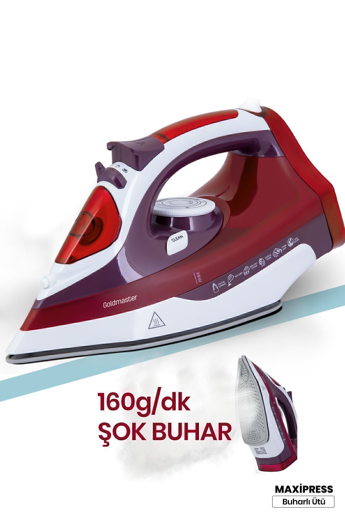 GOLDMASTER Maxipress Kırmızı 2200 Watt Seramik Tabanlı 160 gr Şok Buharlı Ütü