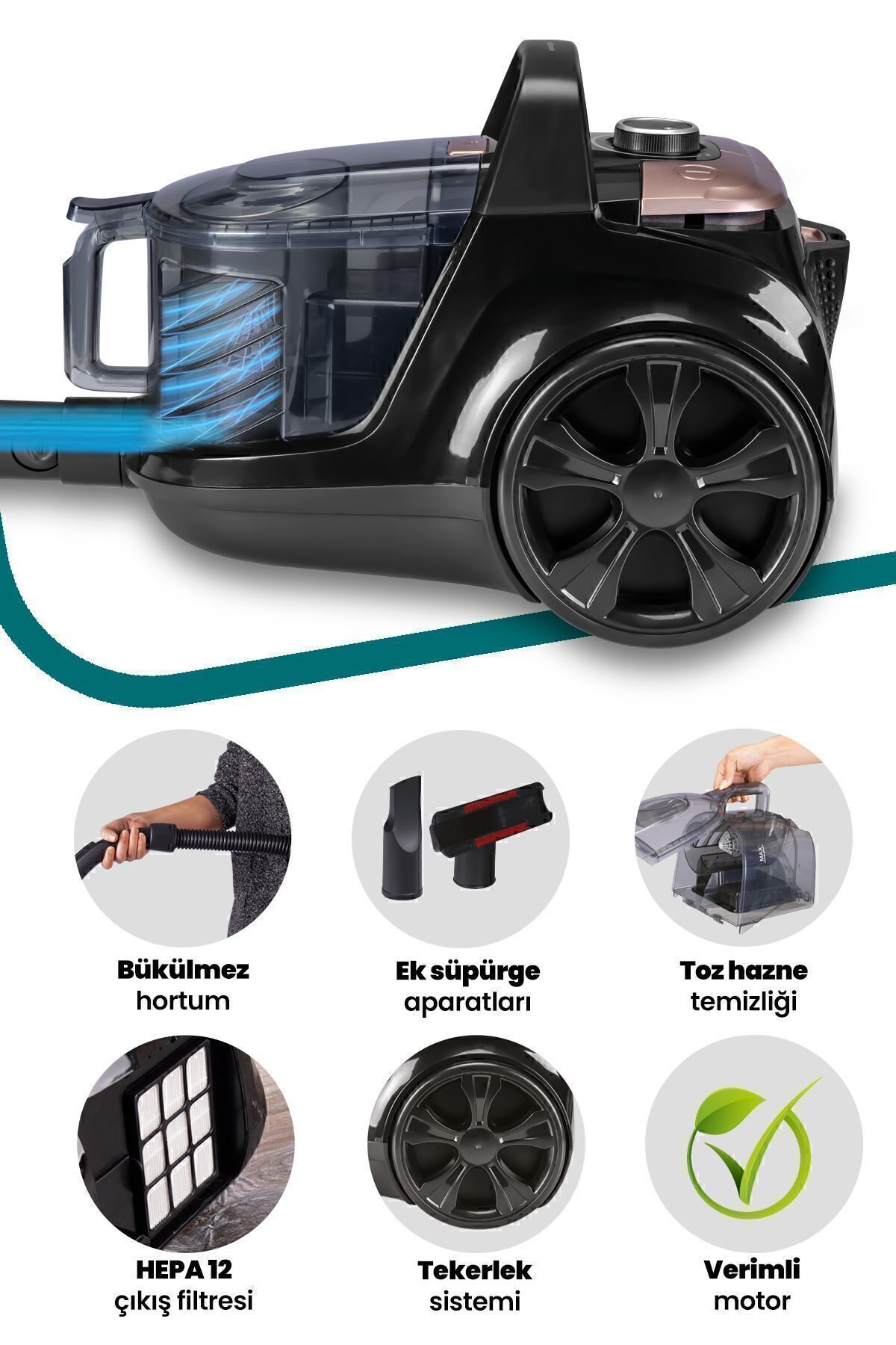 Resim GoldMaster Eva Hepa 13 Filtreli 2.5 Litre Kapasiteli Hız Ayarlı Toz Torbasız Cyclone Elektrikli Süpürge 