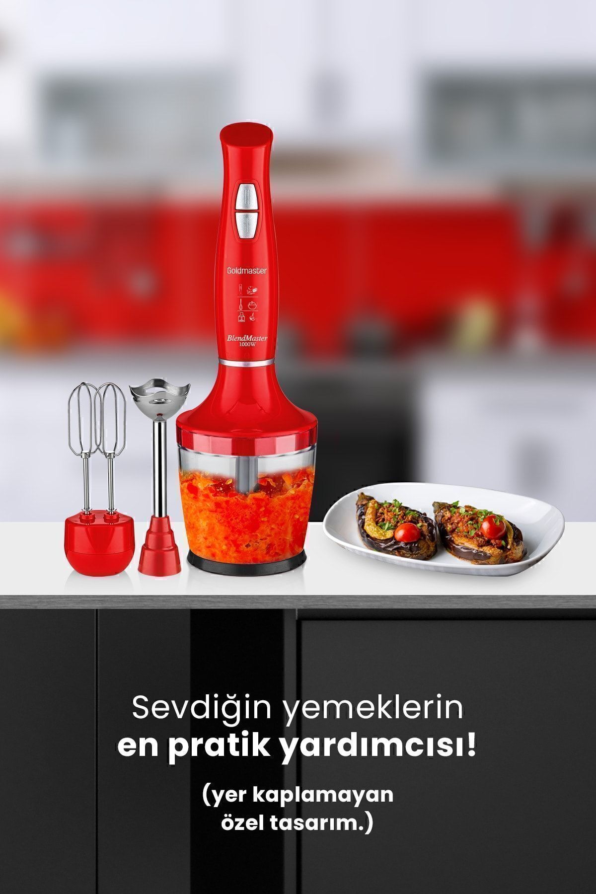 GOLDMASTER-Blendmaster Red 1000 Watt Silent Speed Adjustable 3 In 1 Chopper Mixing Blender Set 6