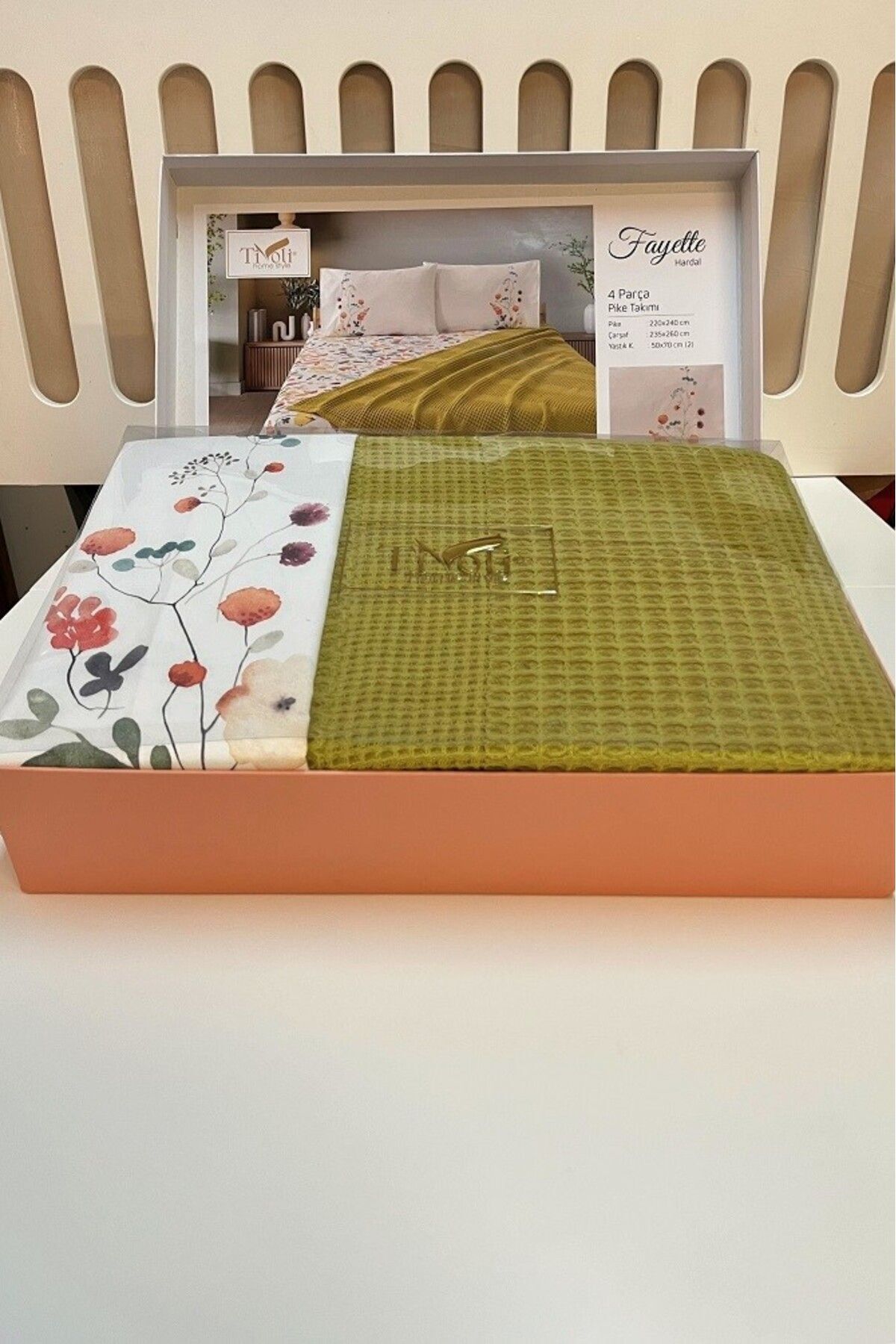 Sevim-Mustard Color Double Pique Set - 4 Piece Set with Flower Pattern and Pool (Fayette) 3