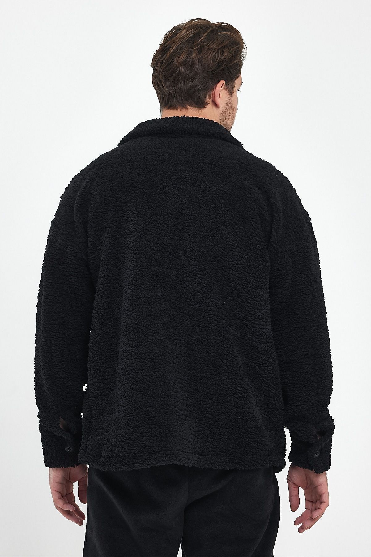 THE RULE Erkek Siyah Peluş Oversize Fit Gömlek Yaka Kışlık Rahat Tek Cepli Ceket görsel 6