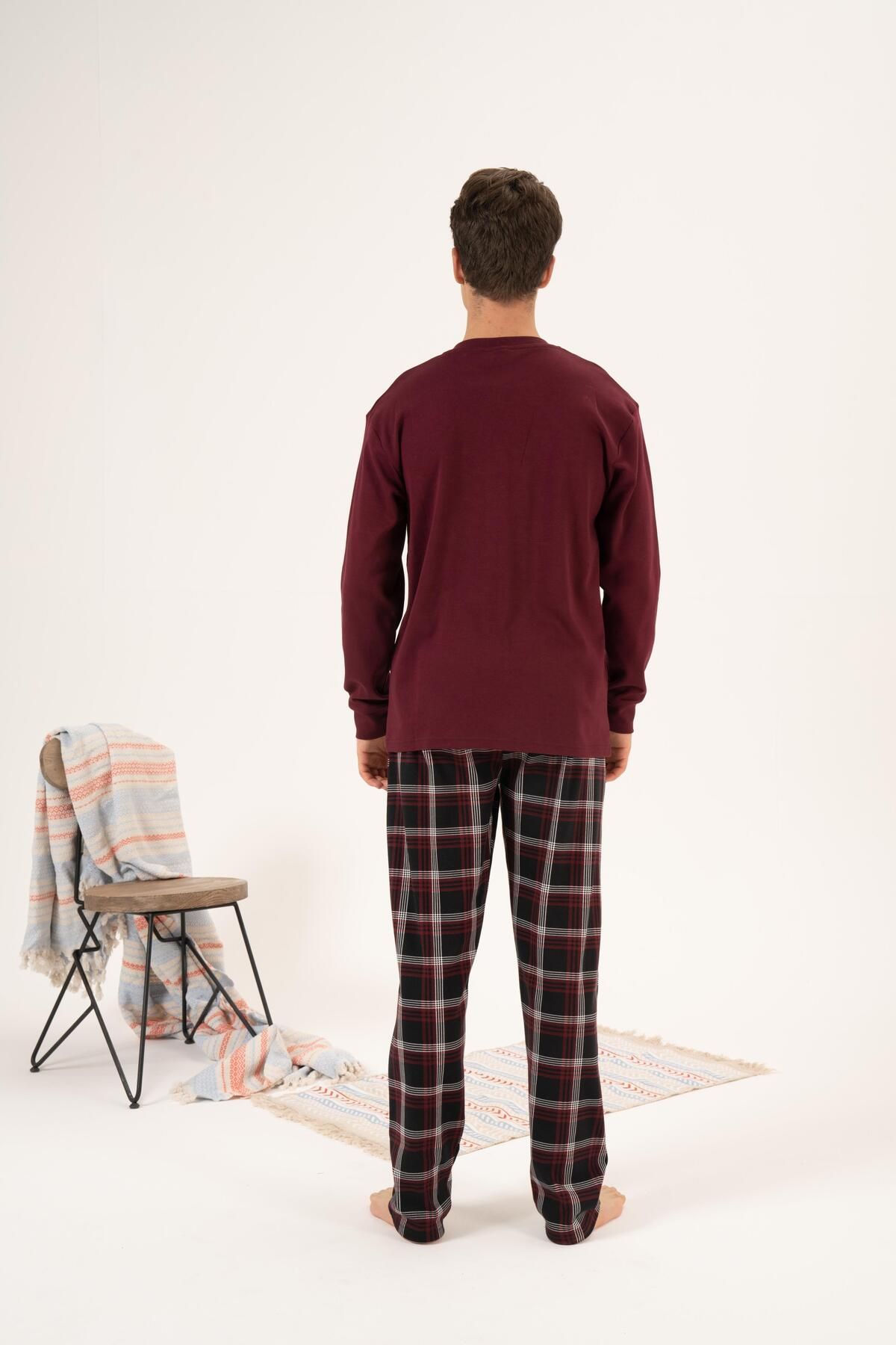 Estiva-Men's Winter Pajama Set - Buttoned Collar, Checkered Bottom, Super Soft Interlock, Claret Red 2