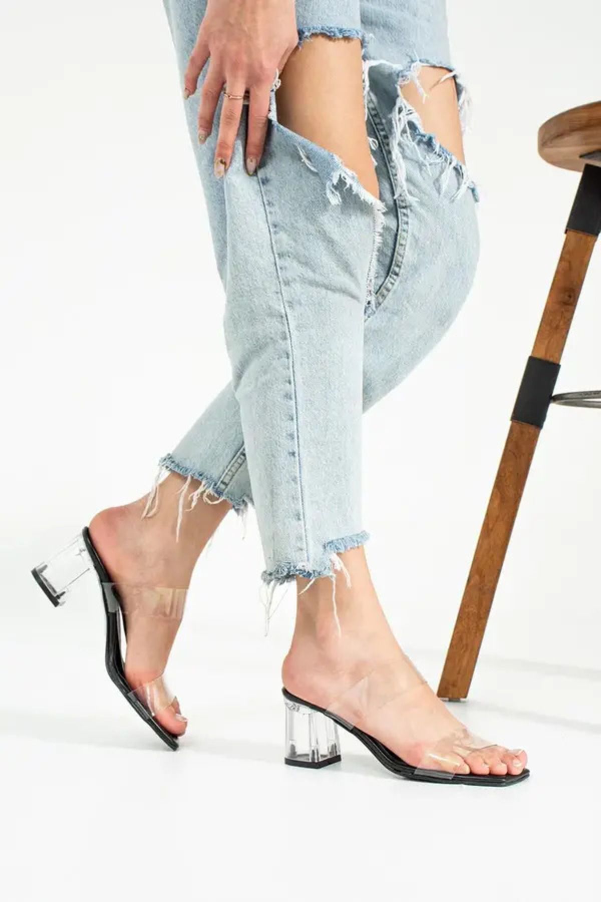 leopar by çetinay Pantofi De Damă Cu Bandă Transparentă Cu Toc Transparent Garantat Femeie - 36
