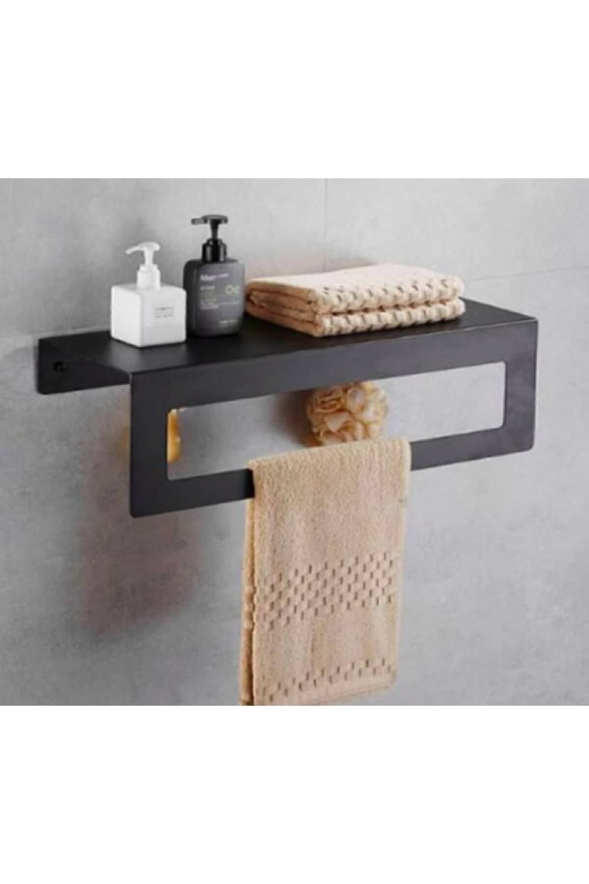 30 Cm Siyah Raflı Havlu Askısı, Metal Raflı Havluluk, Mutfak, Banyo Raflı