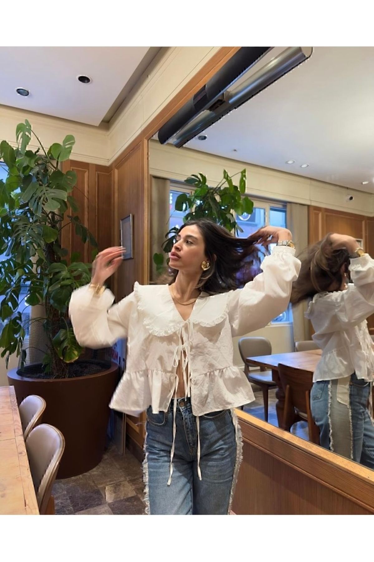 Genel Markalar  Bebe Yaka Pamuk Keten Karışımı Beyaz Gömlek - Görsel 3