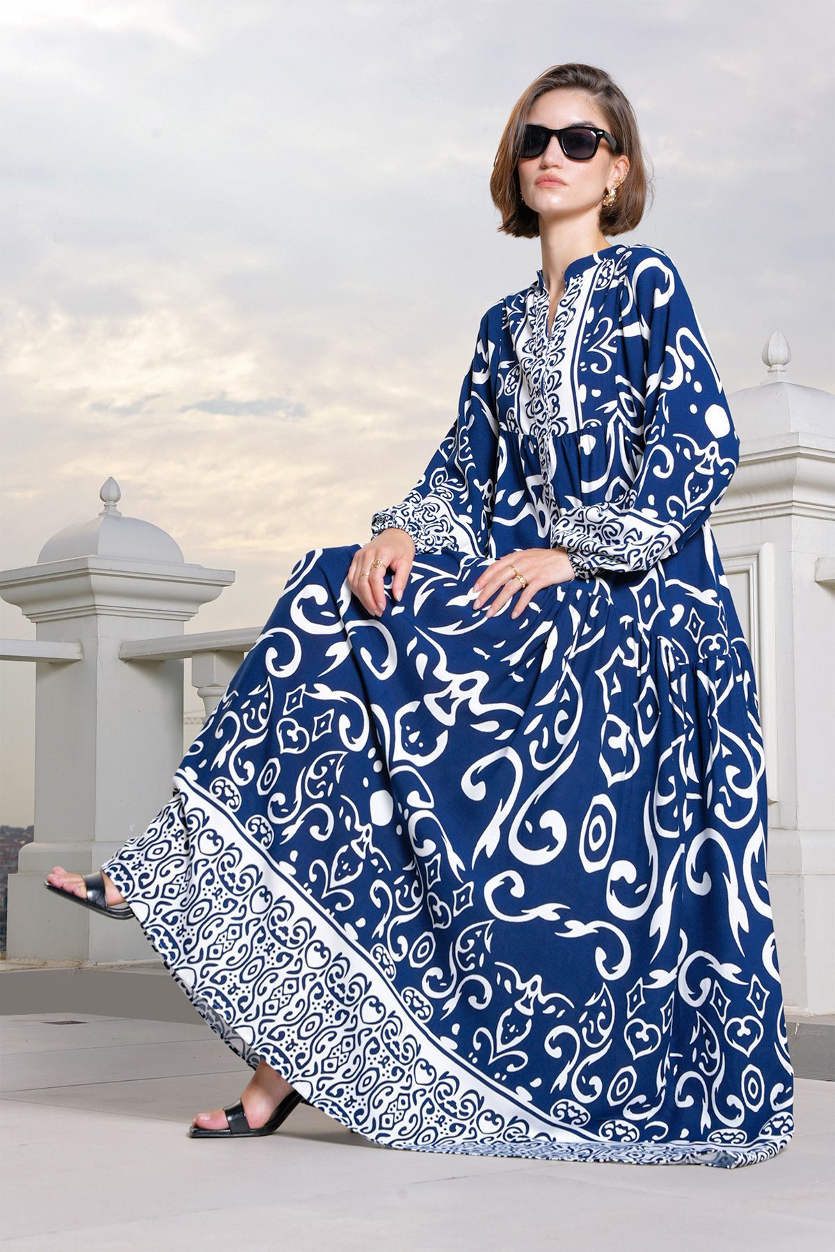 Bigdart-2423 Model Authentic Patterned Navy Blue Dress 2