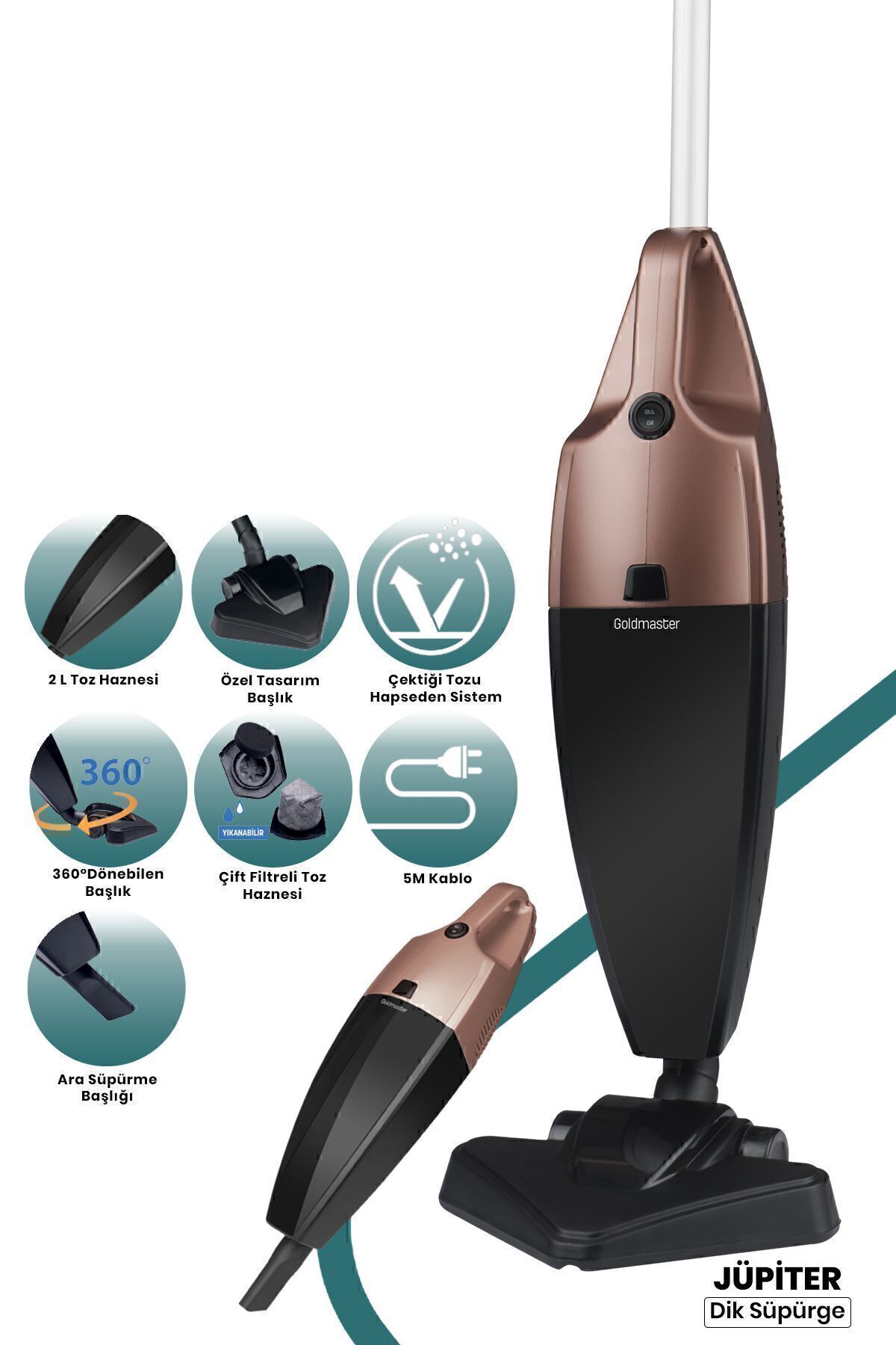GOLDMASTER Jüpiter 2 Lt Hazneli 800 W Yıkanabilir Filtreli 2 In 1 Elde Ve Dikey Elektrikli Süpürge