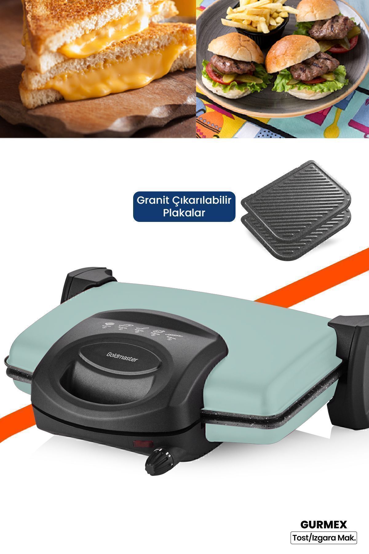 Gurmex Yeşil 1750 Watt Granit Çıkarılabilir Plakalı 5 Kademe Isı Ayarlı Tost Ve Izgara Makinesi