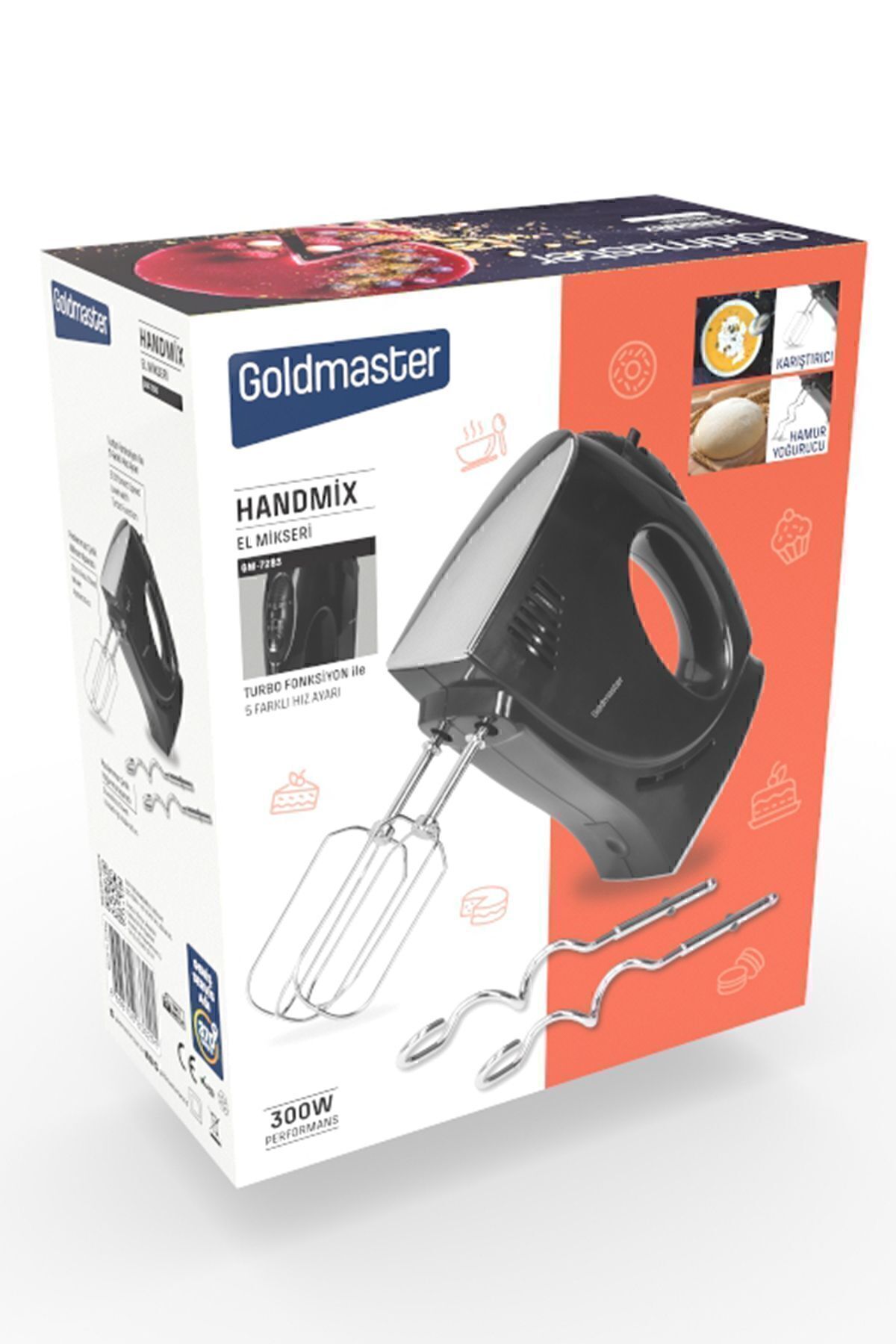 GOLDMASTER-Handmix Stainless Steel Turbo Function 5 Speed Adjustable Hand Mixer with Whisk and Kneading Attachment 6
