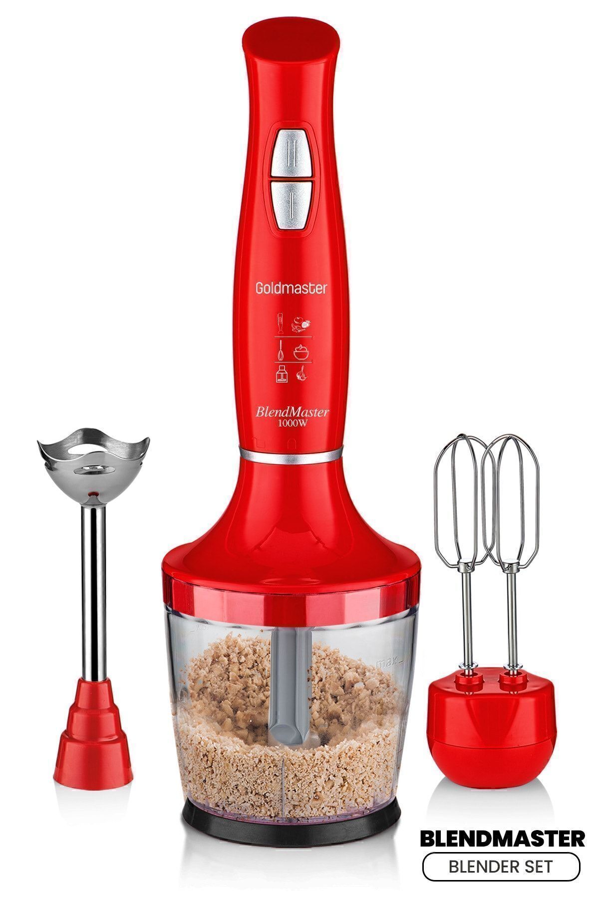 GOLDMASTER-Blendmaster Red 1000 Watt Silent Speed Adjustable 3 In 1 Chopper Mixing Blender Set 1