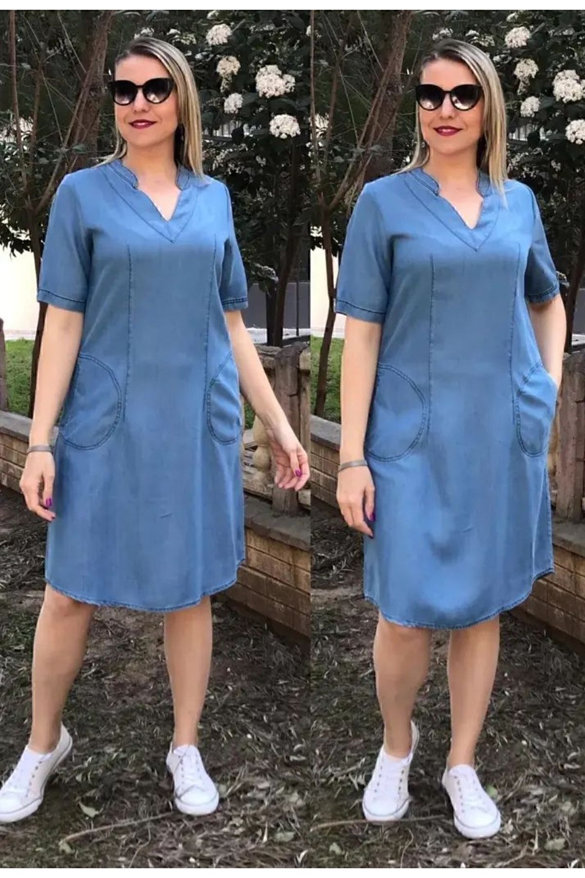 AKŞEN GİYİM-Blugi subțiri de mărime mare, țesătură denim, cu decolteu în V, mâneci scurte, rochie cu două buzunare 3
