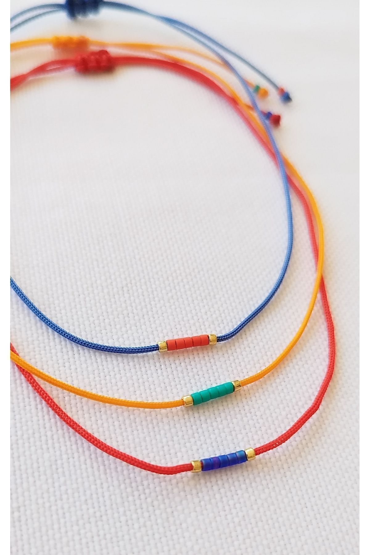 3-Piece Minimal Anklet Red, Blue and Orange String Miyuki Beaded