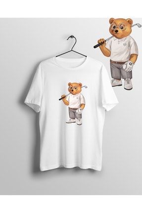 Golf Spor Ayı Teddy Bear Unisex Bisiklet Yaka Baskılı T-shirt Mithril0014