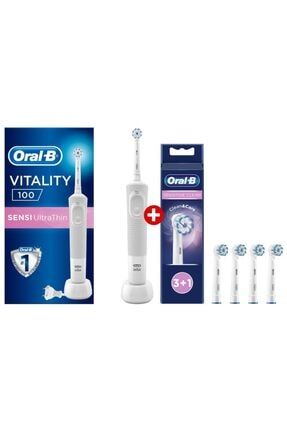 D100 Vitality Sensi Ultrathin White Box Şarjlı Diş Fırçası + Oral- B Sensitive Clean 3+1 Yedek 421020132558106